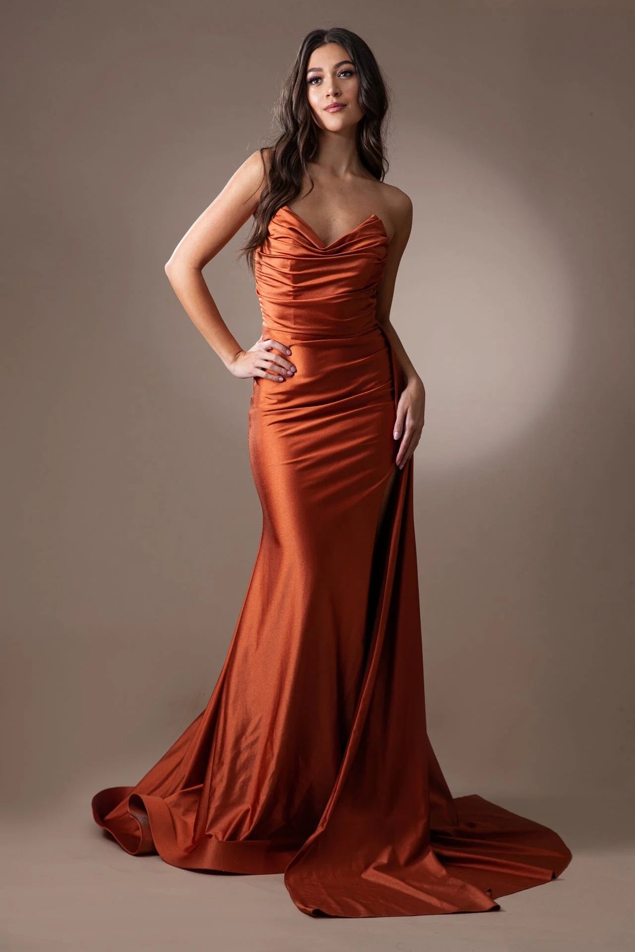 Lycra Fitted Strapless Slit Gown by Amelia Couture 3013