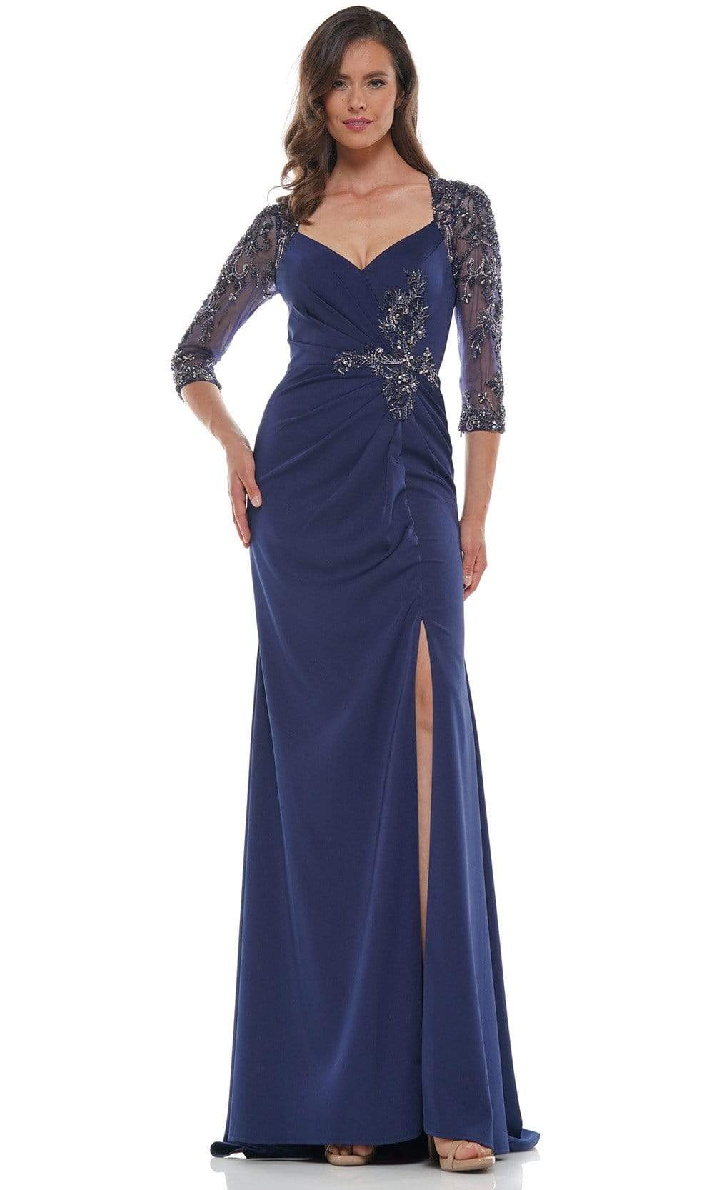 Marsoni by Colors - MV1070 Beaded Sheer Sleeves V Neckline Slit Gown
