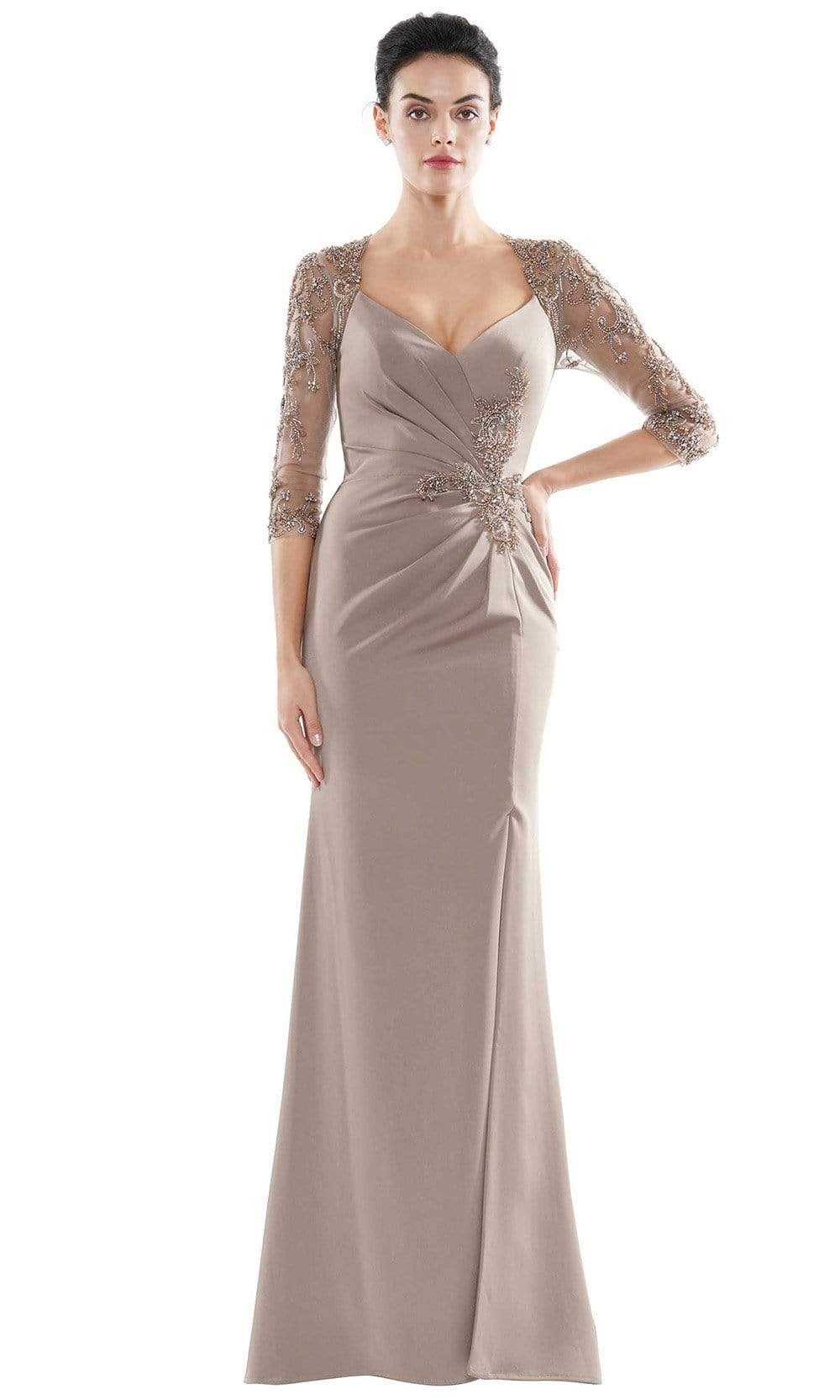 Marsoni by Colors - MV1070 Beaded Sheer Sleeves V Neckline Slit Gown