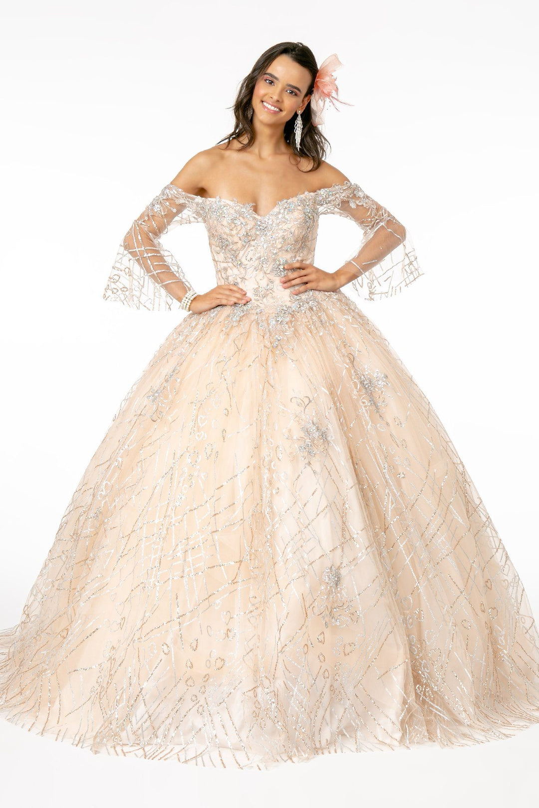 Off Shoulder Glitter Ball Gown with Bell Sleeves by Elizabeth K GL2911 - product image 1