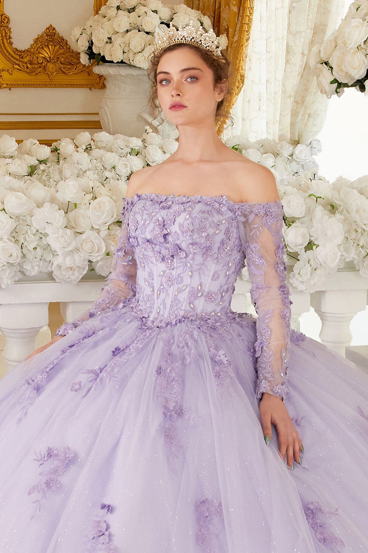 Off Shoulder Long Sleeve Ball Gown by Ladivine 15706 - product image 3
