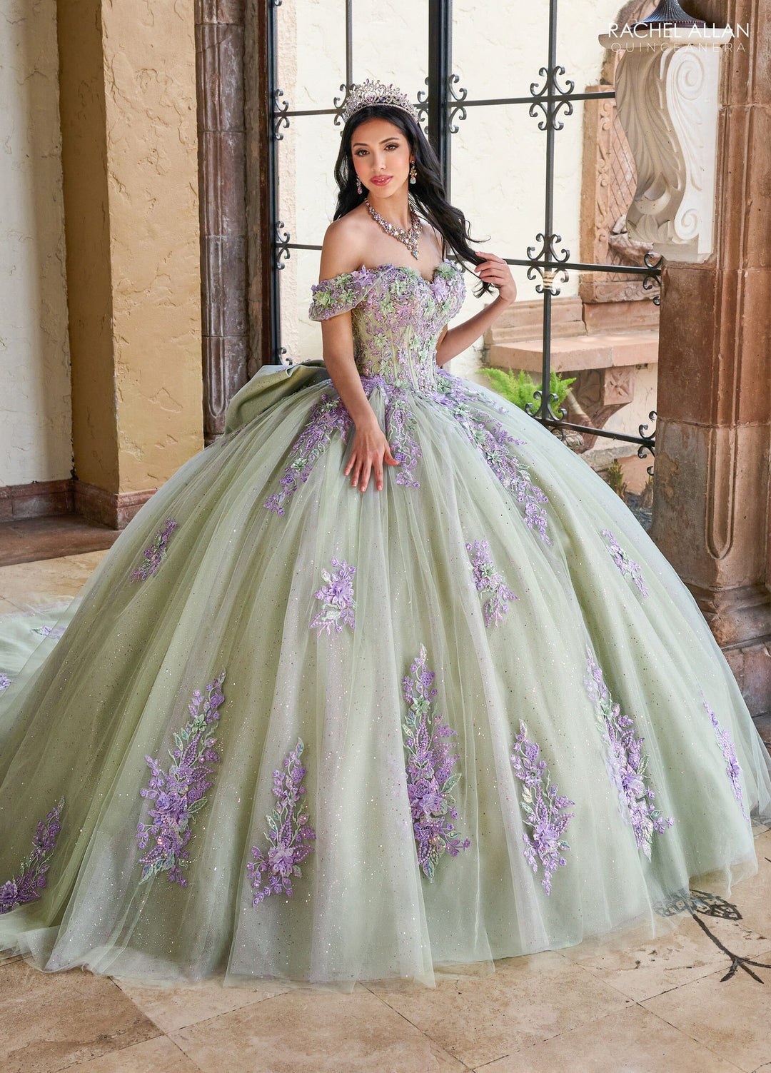 Off Shoulder Quinceanera Dress by Rachel Allan RQ1153 - Sage Multi