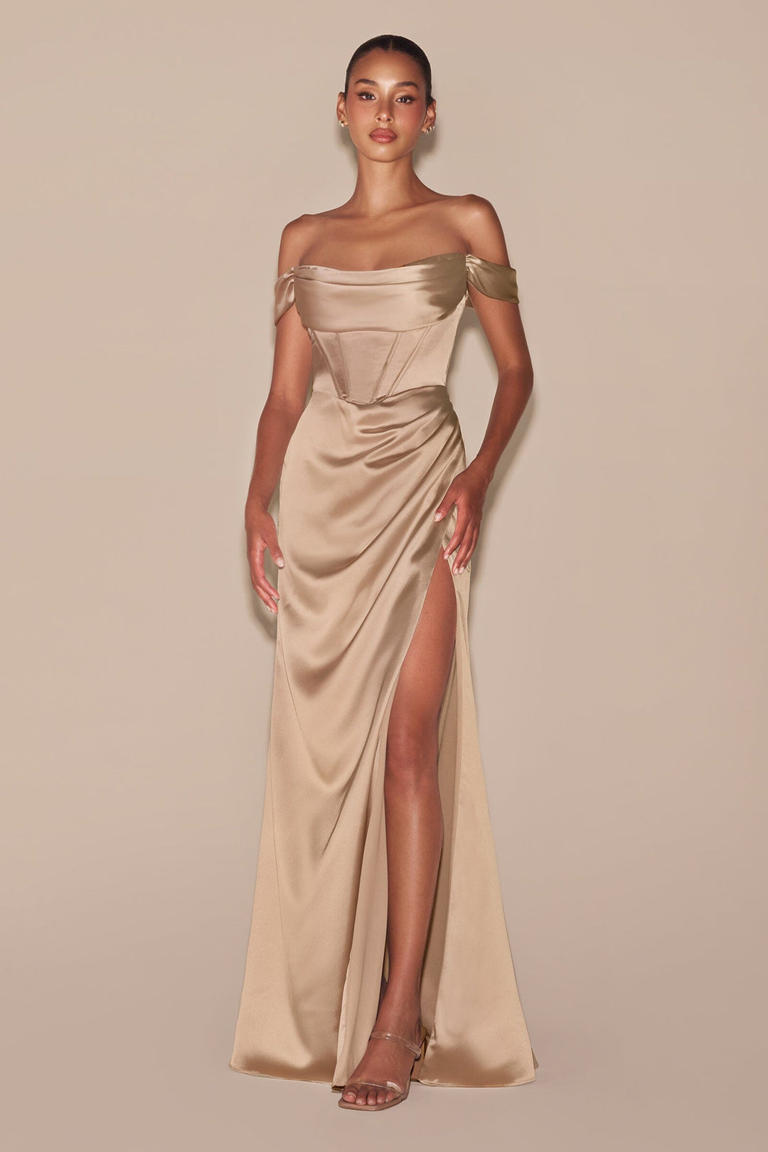 Off Shoulder Satin Corset Slit Gown by Ladivine 7492 - image 31