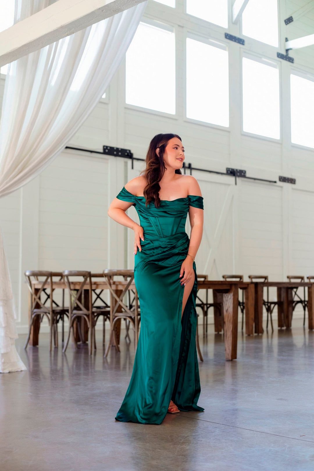 Off Shoulder Satin Corset Slit Gown by Ladivine 7492 - image 17