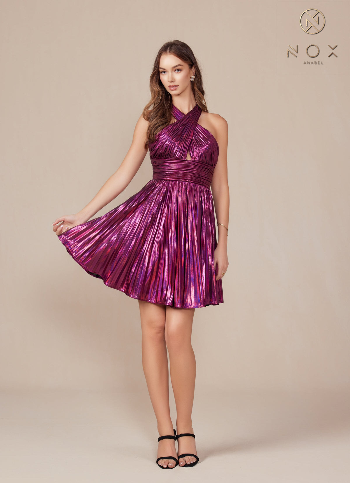 Pleated Short Metallic Halter Dress by Nox Anabel K822 - product image 16