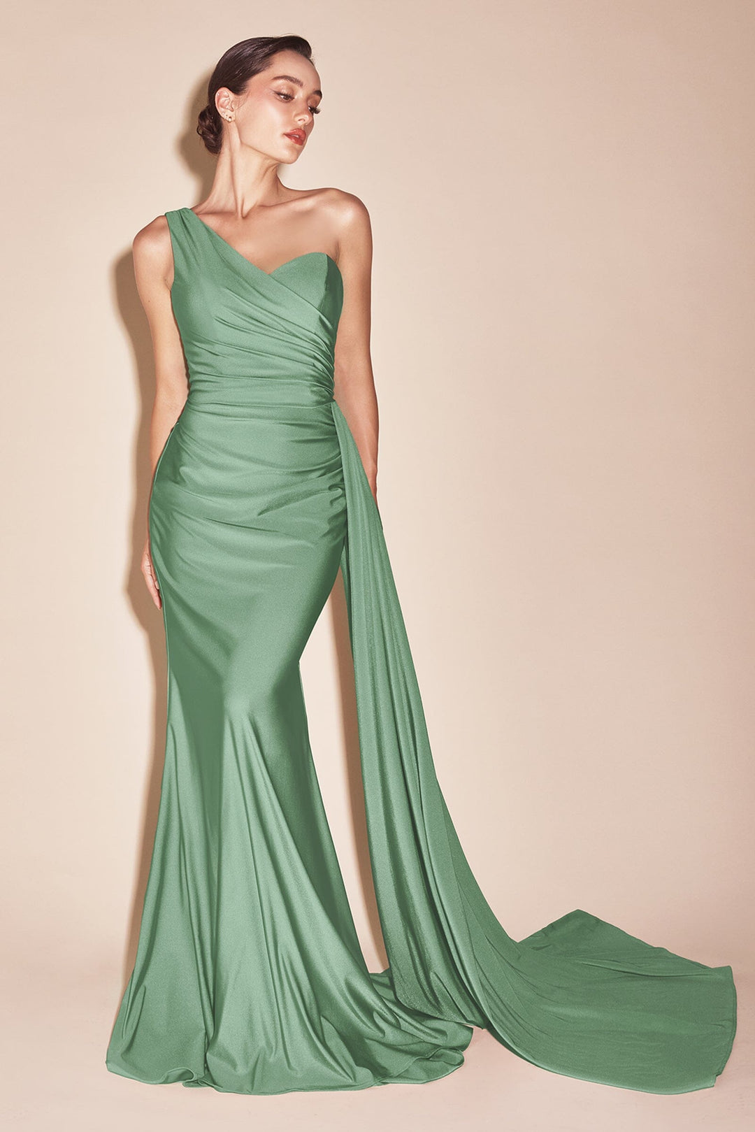 Plus Size Fitted One Shoulder Satin Gown by Ladivine PT004C