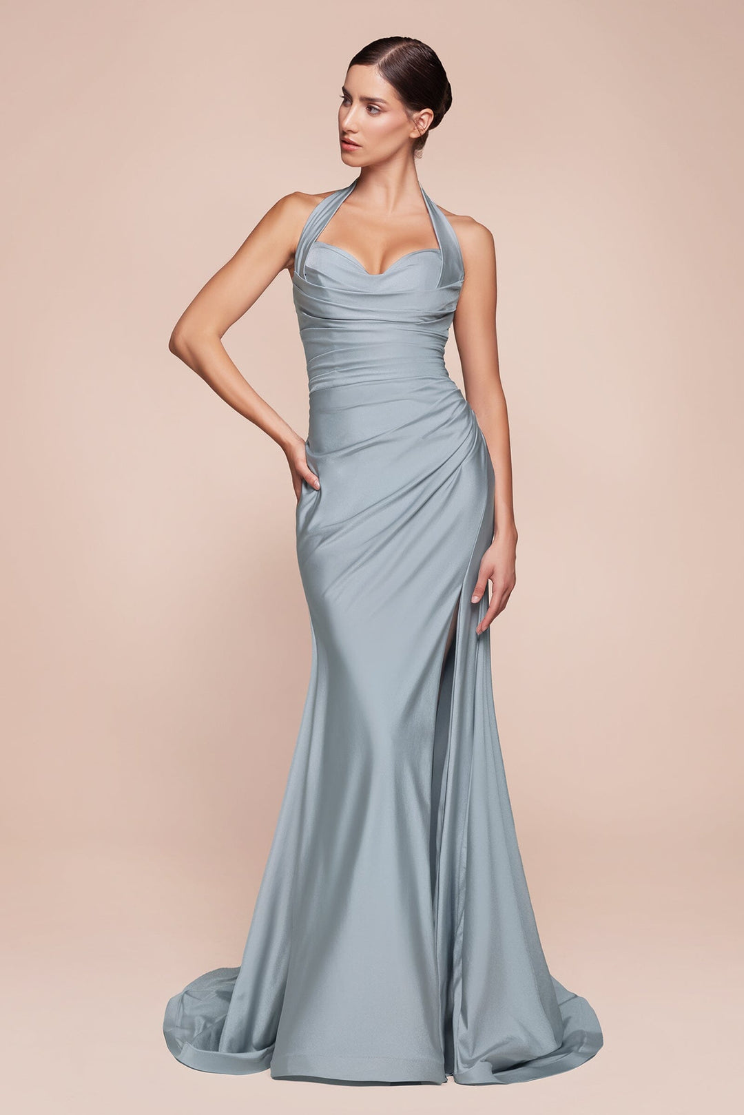 Satin Fitted Long Halter Slit Dress by Ladivine CD796 - image 9