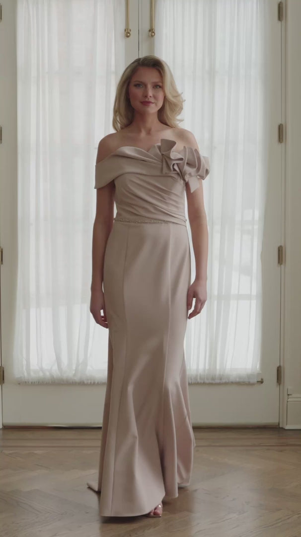 Load video: Ruffle Off-Shoulder Formal Dress by Rina di Montella RD3507