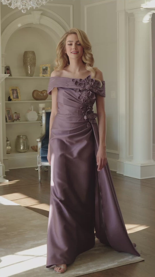 Load video: Off-Shoulder Floral Applique Sheath Dress by Rina di Montella RD3528