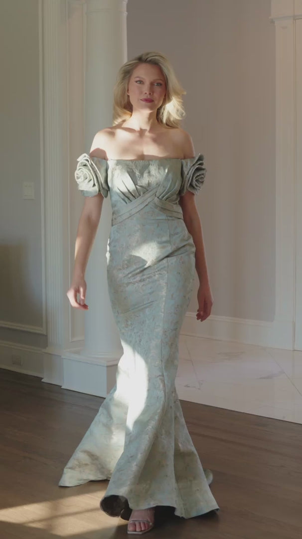 Load video: Rose-Sleeve Jacquard Mermaid Dress by Rina di Montella RD3512