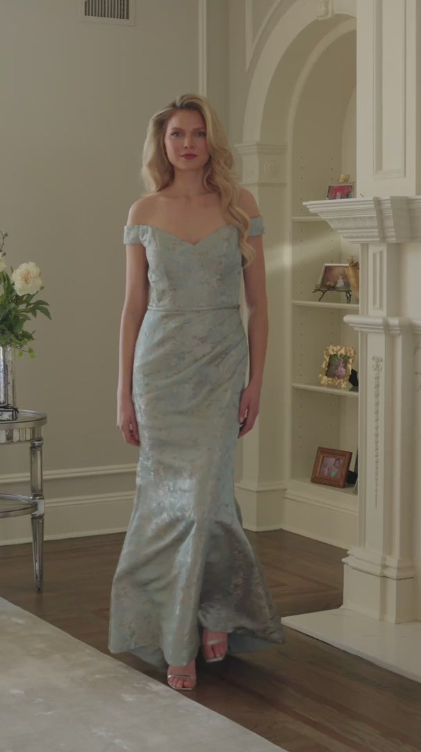 Load video: Metallic Jacquard Trumpet Dress by Rina di Montella RD3513