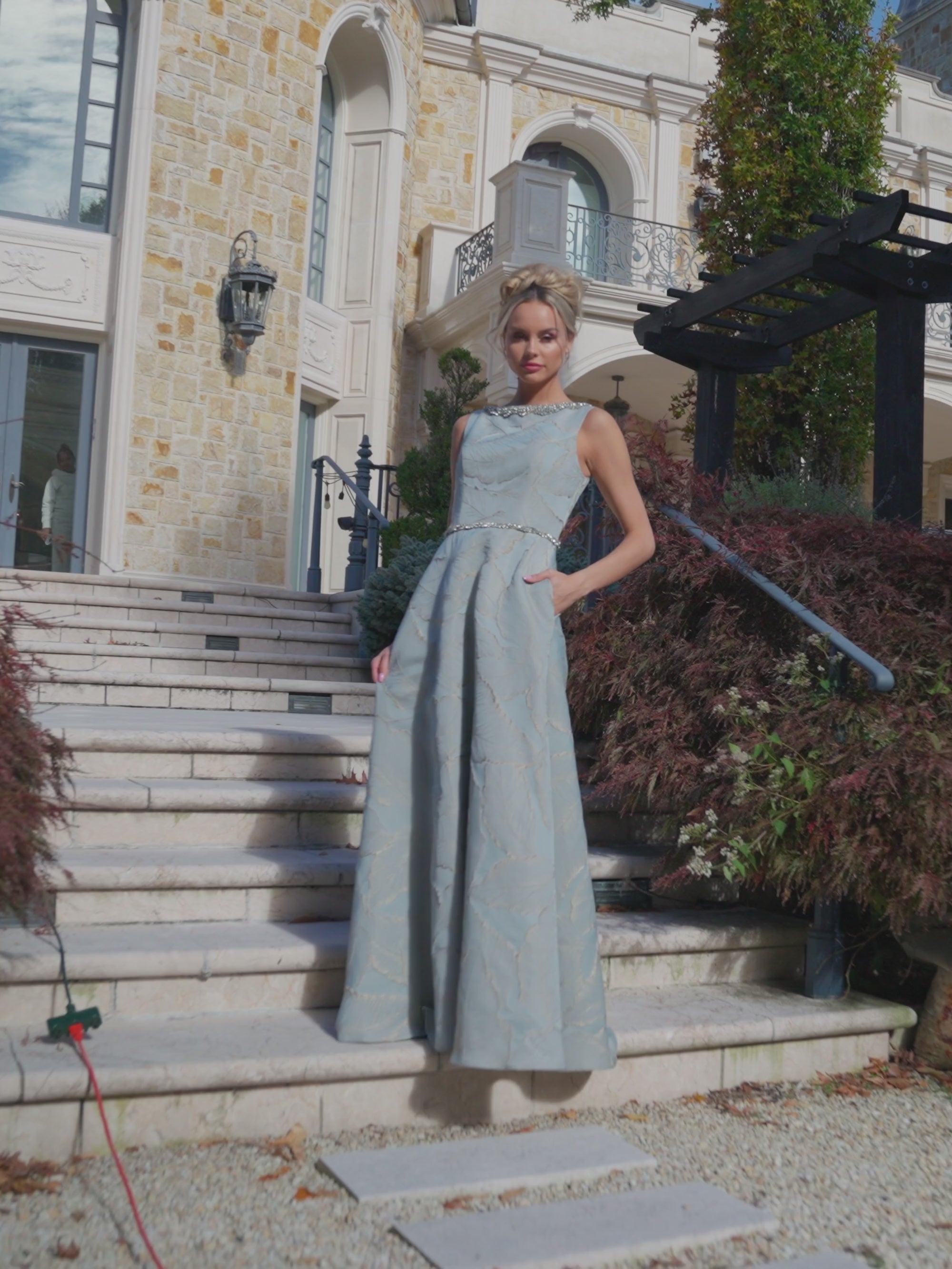 Load video: Marsoni by Colors MV1224 - Subtle Leaf-Detailed A-line Gown