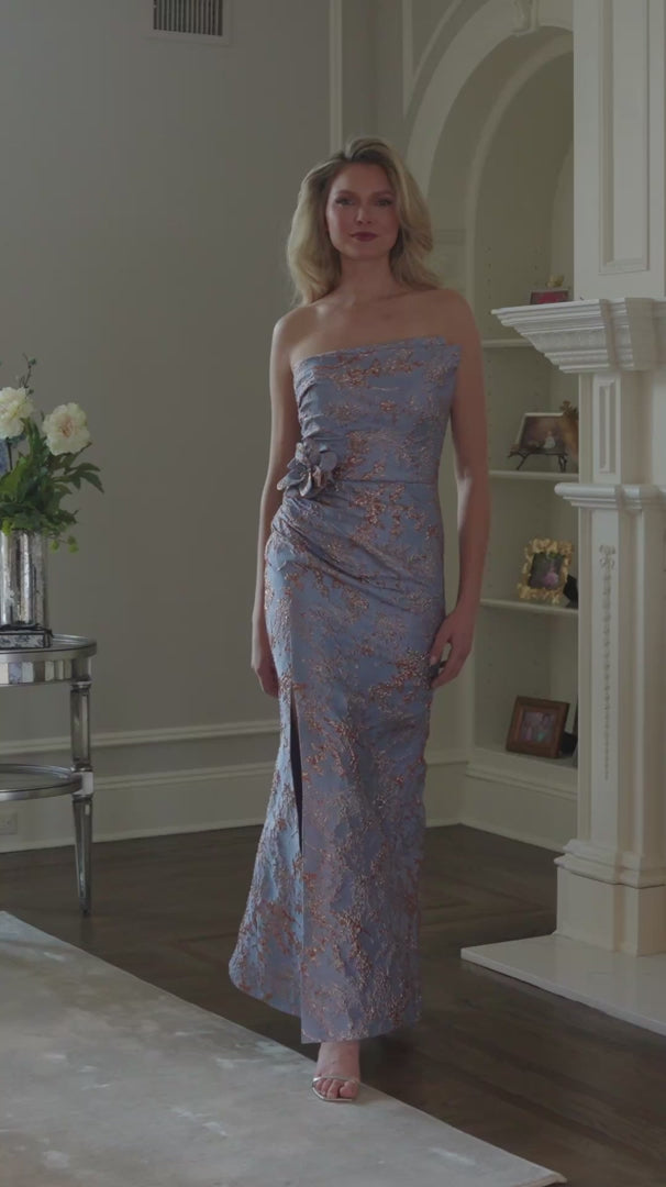 Load video: Strapless Jacquard Slit Dress by Rina di Montella RD3502