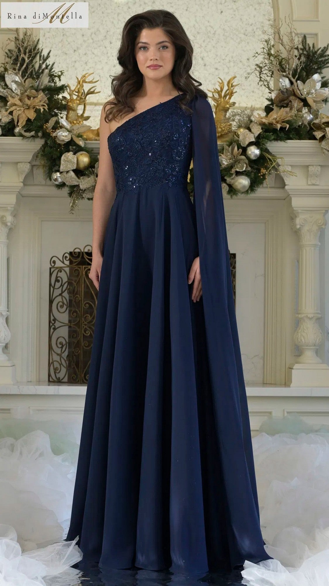 Rina di Montella RD3354 navy one-shoulder formal gown
