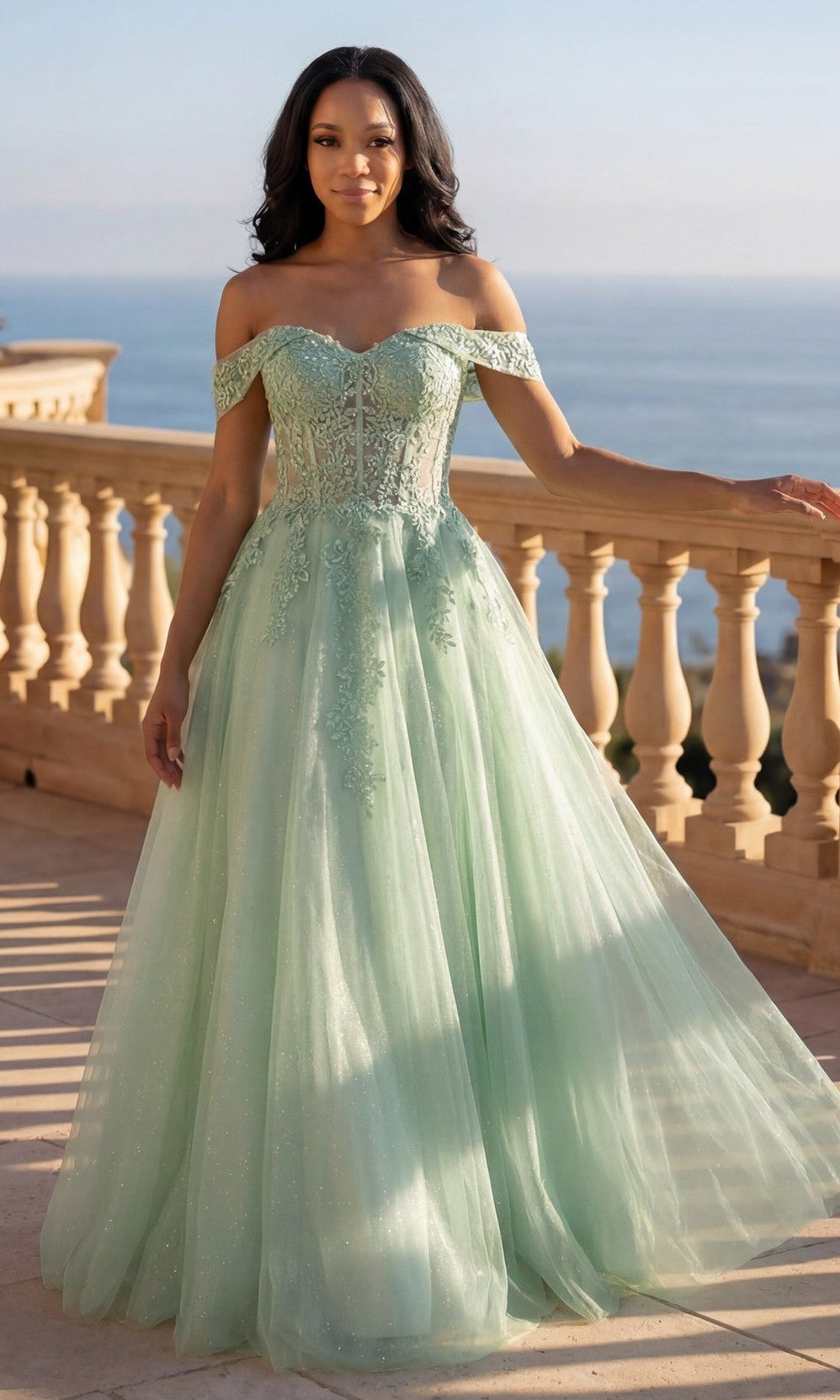 Sage off-the-shoulder glitter ball gown with floral corset bodice