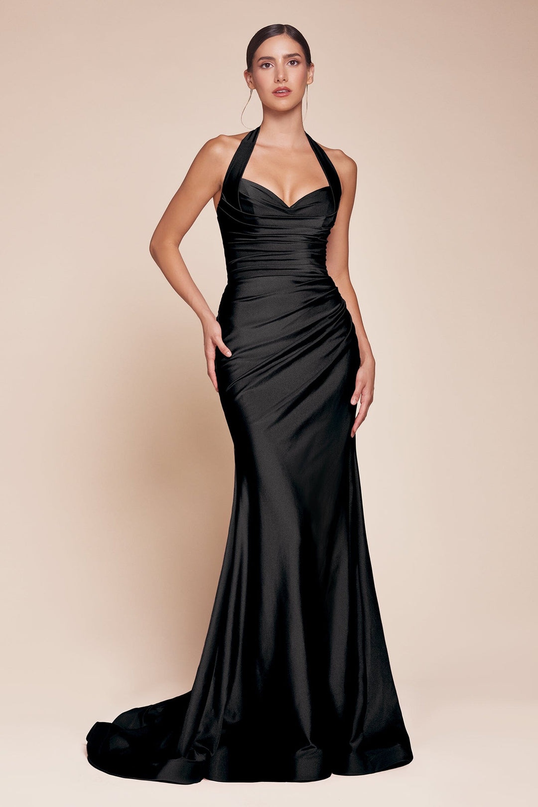 Satin Fitted Long Halter Slit Dress by Ladivine CD796 - image 7