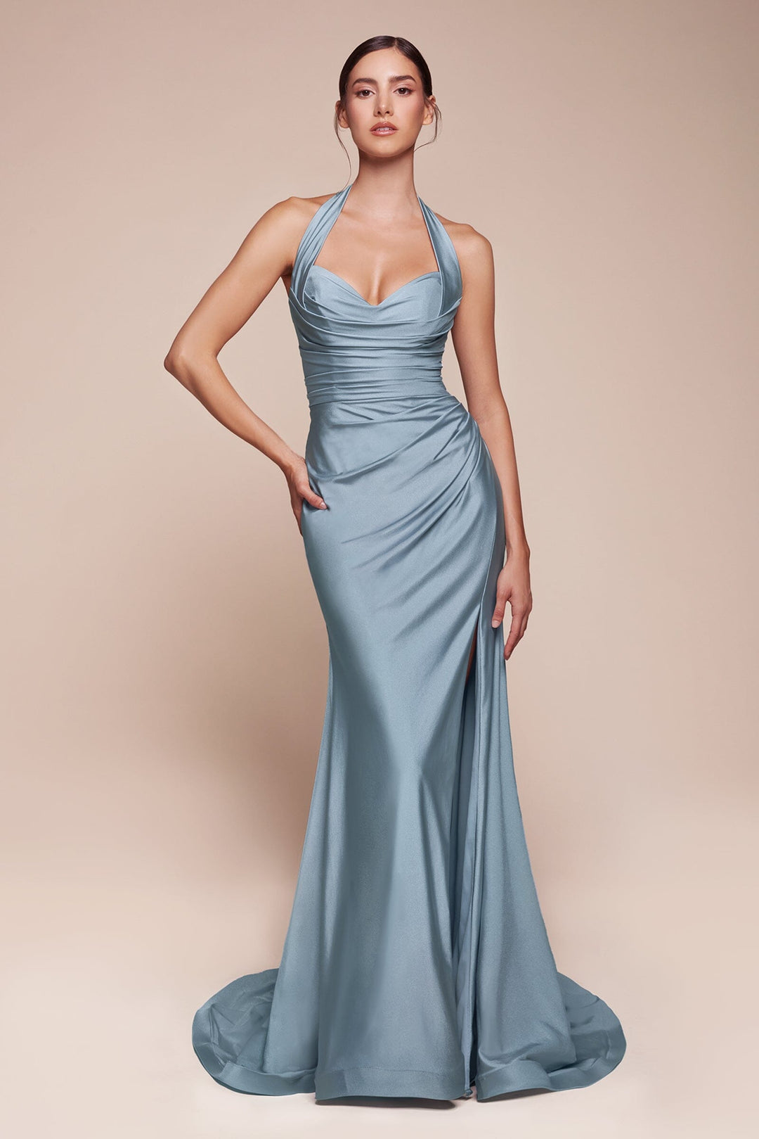Satin Fitted Long Halter Slit Dress by Ladivine CD796 - image 8