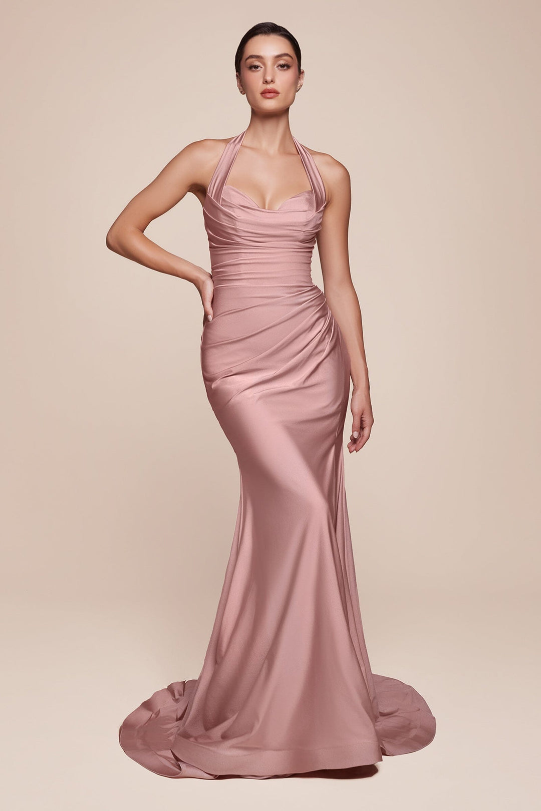Satin Fitted Long Halter Slit Dress by Ladivine CD796 - image 4