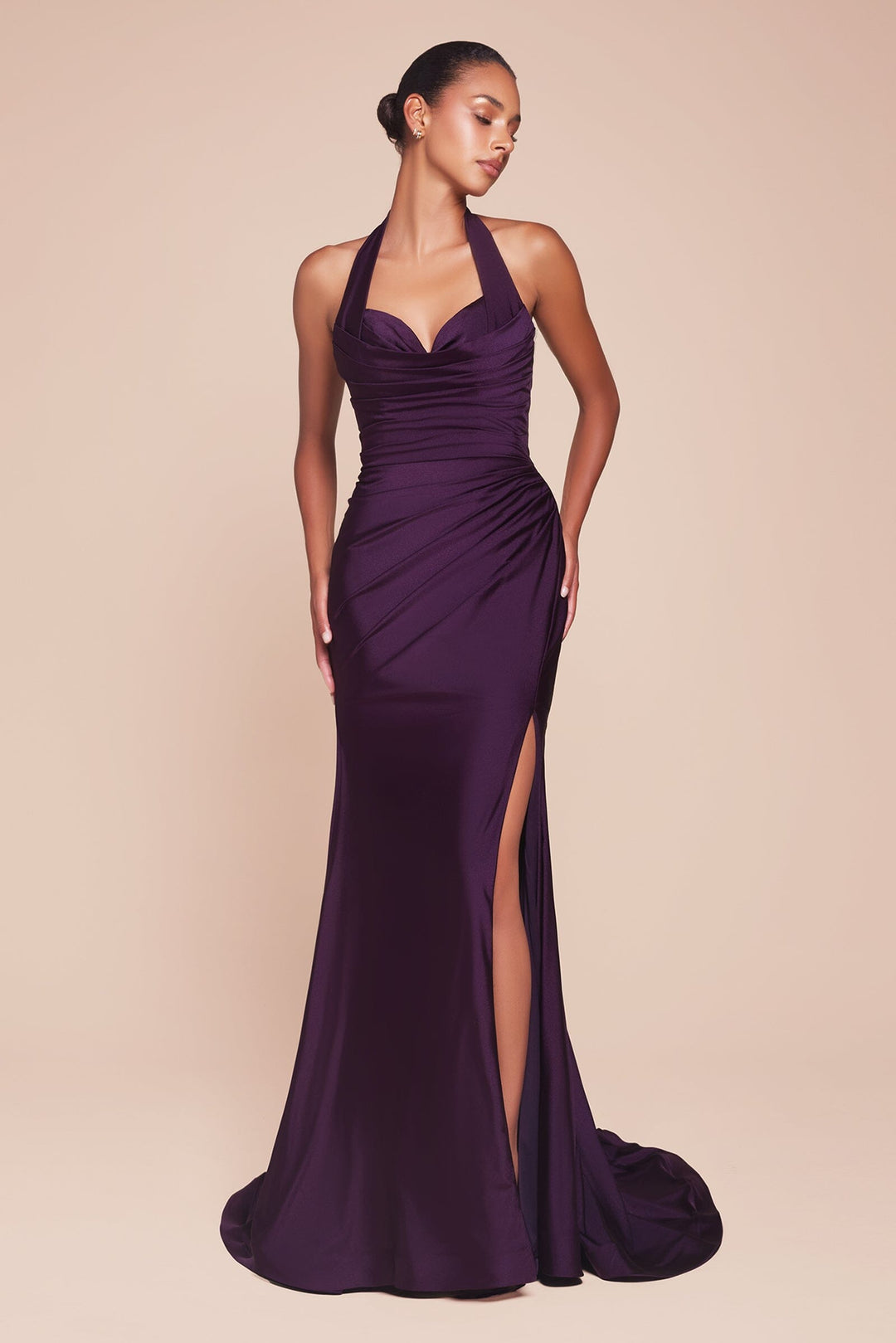 Satin Fitted Long Halter Slit Dress by Ladivine CD796 - image 21