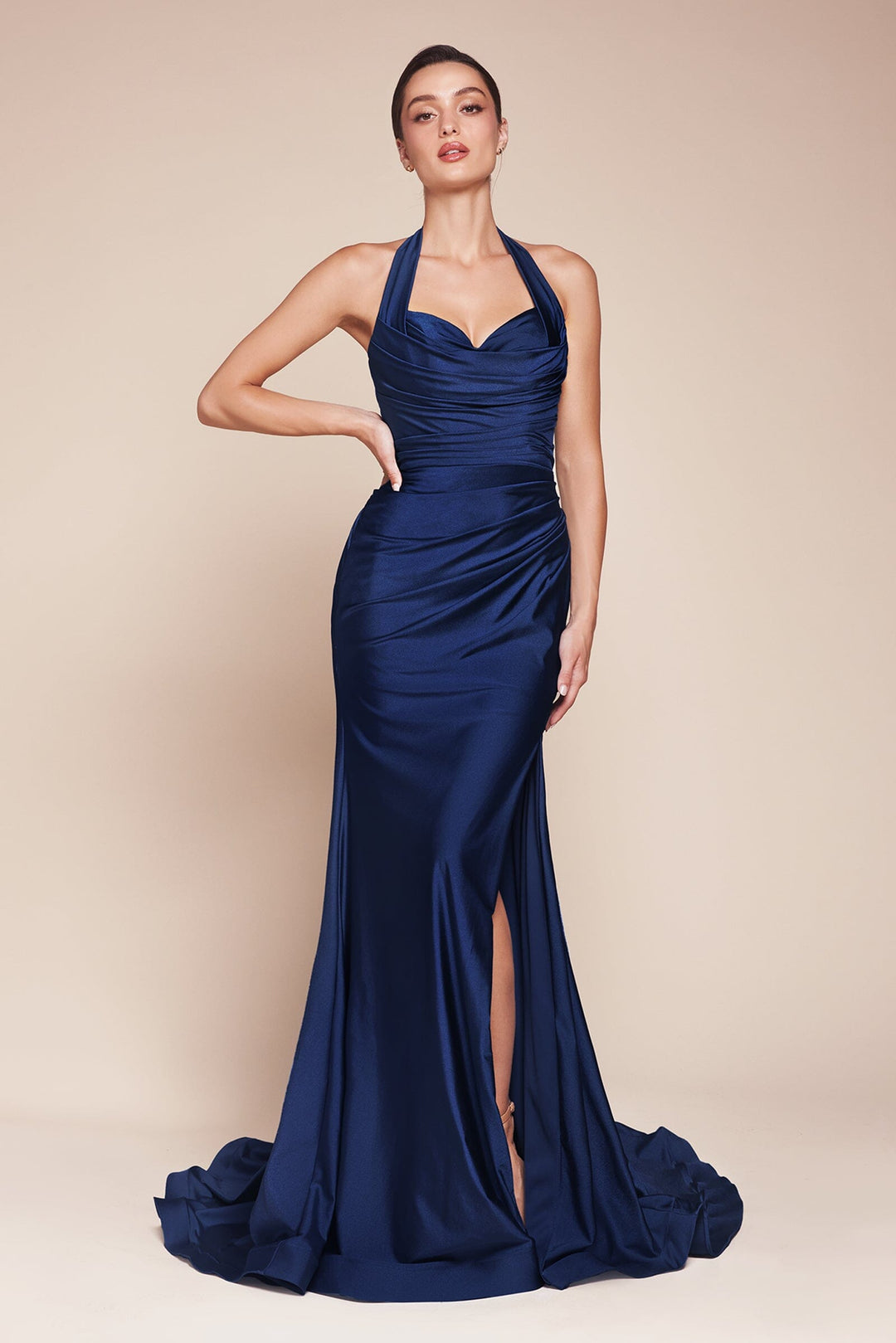 Satin Fitted Long Halter Slit Dress by Ladivine CD796 - image 18
