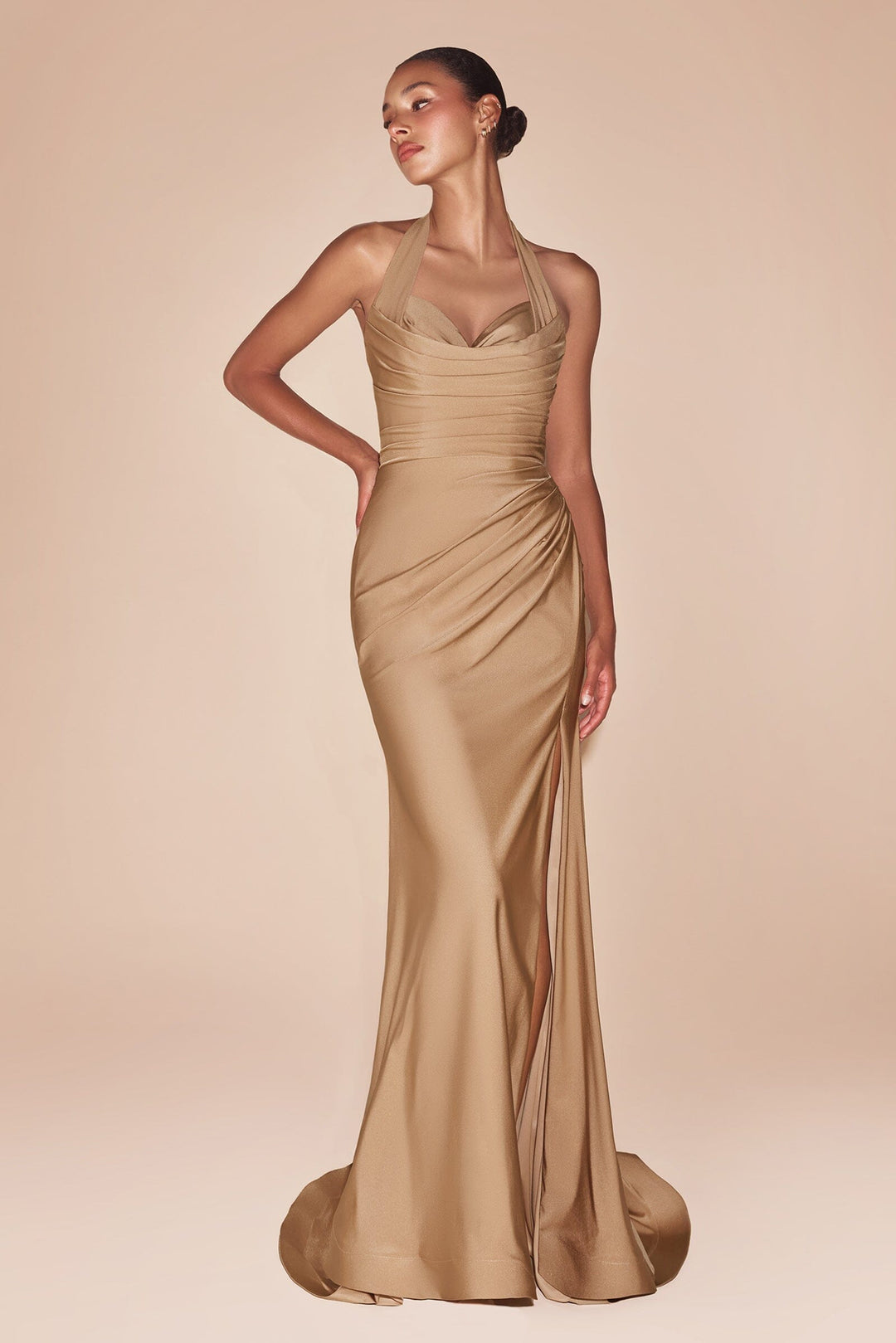 Satin Fitted Long Halter Slit Dress by Ladivine CD796 - image 11