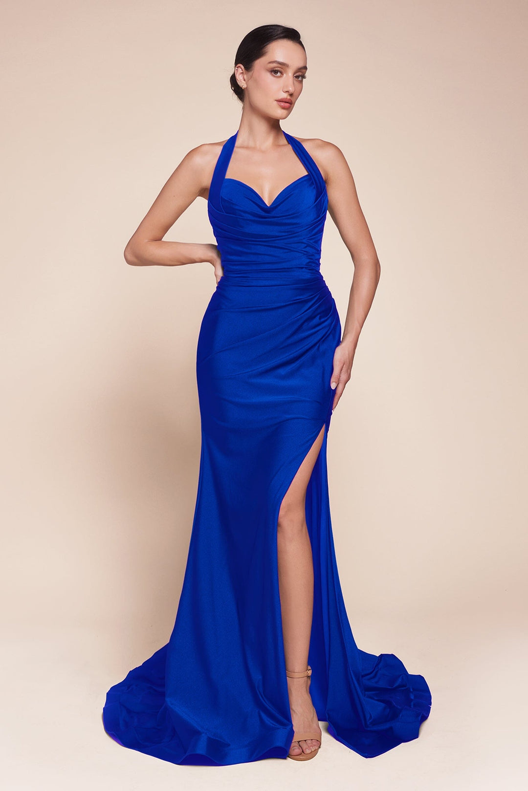 Satin Fitted Long Halter Slit Dress by Ladivine CD796 - image 6