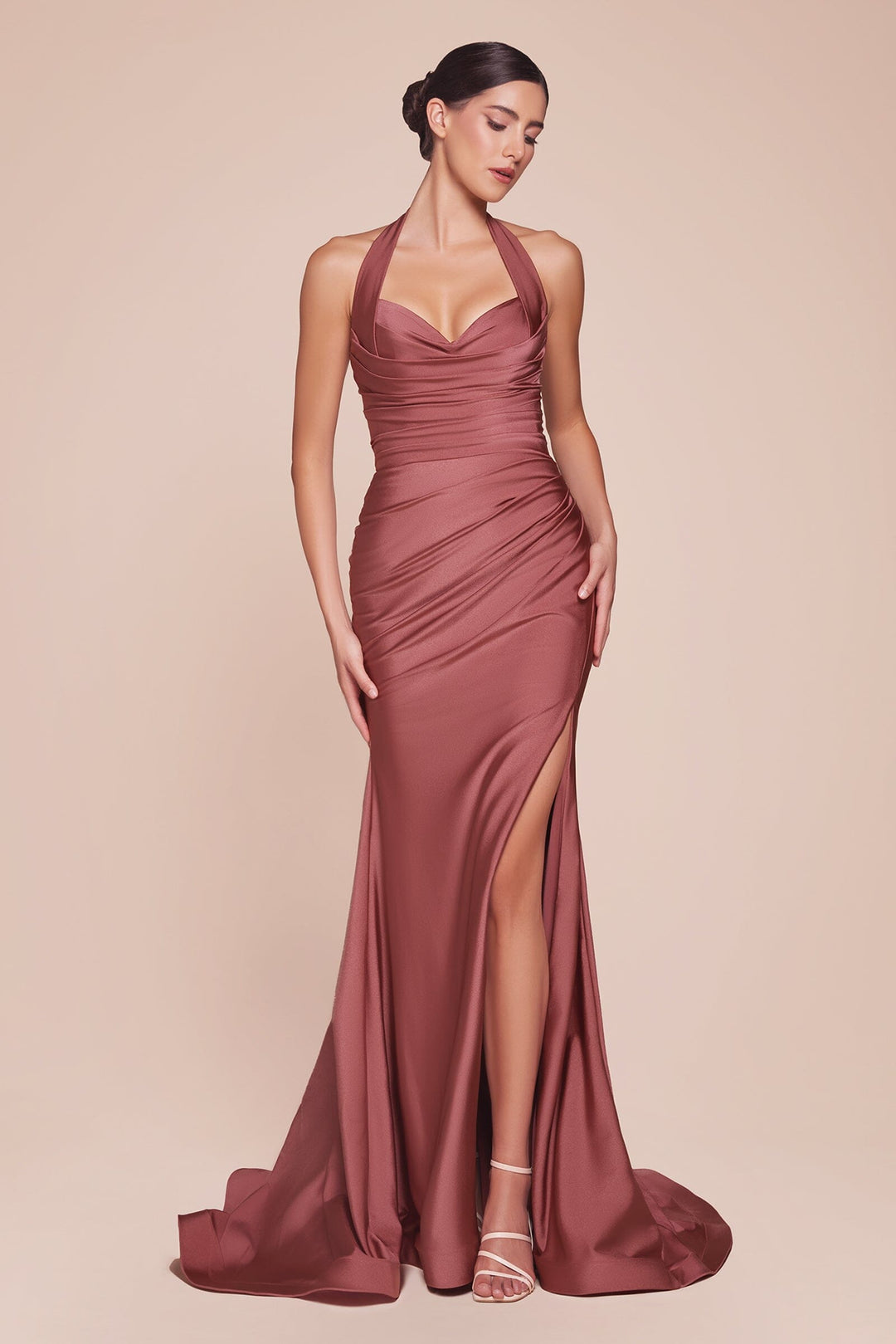 Satin Fitted Long Halter Slit Dress by Ladivine CD796 - image 15
