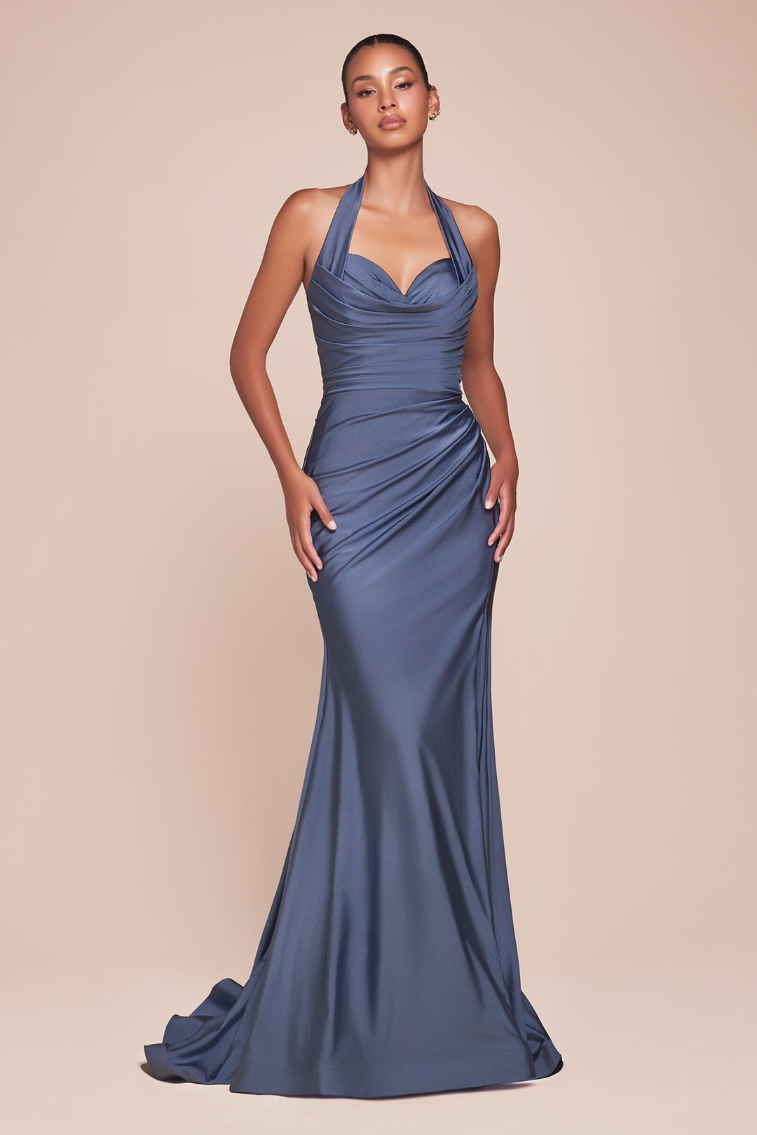 Satin Fitted Long Halter Slit Dress by Ladivine CD796 - image 22