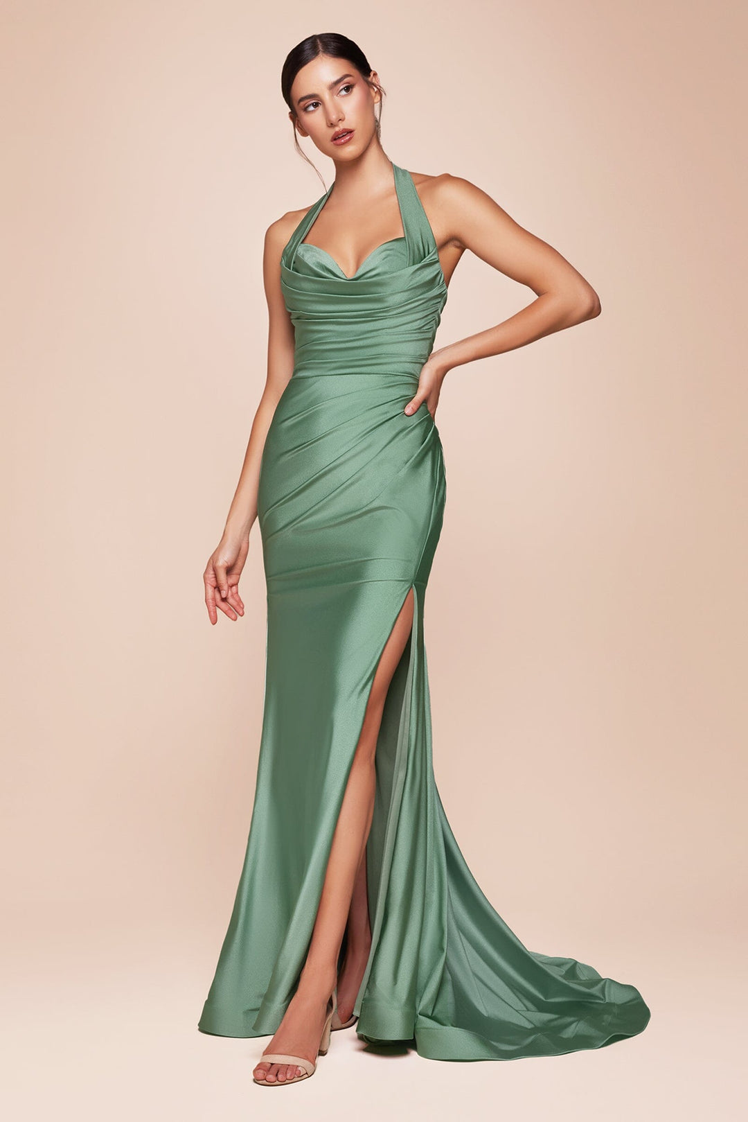 Satin Fitted Long Halter Slit Dress by Ladivine CD796 - image 20