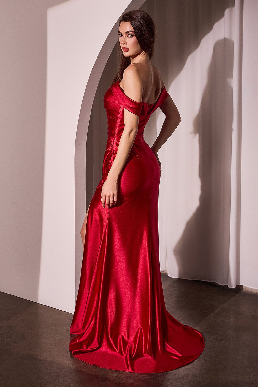 Satin Fitted Off Shoulder Slit Gown by Ladivine J877