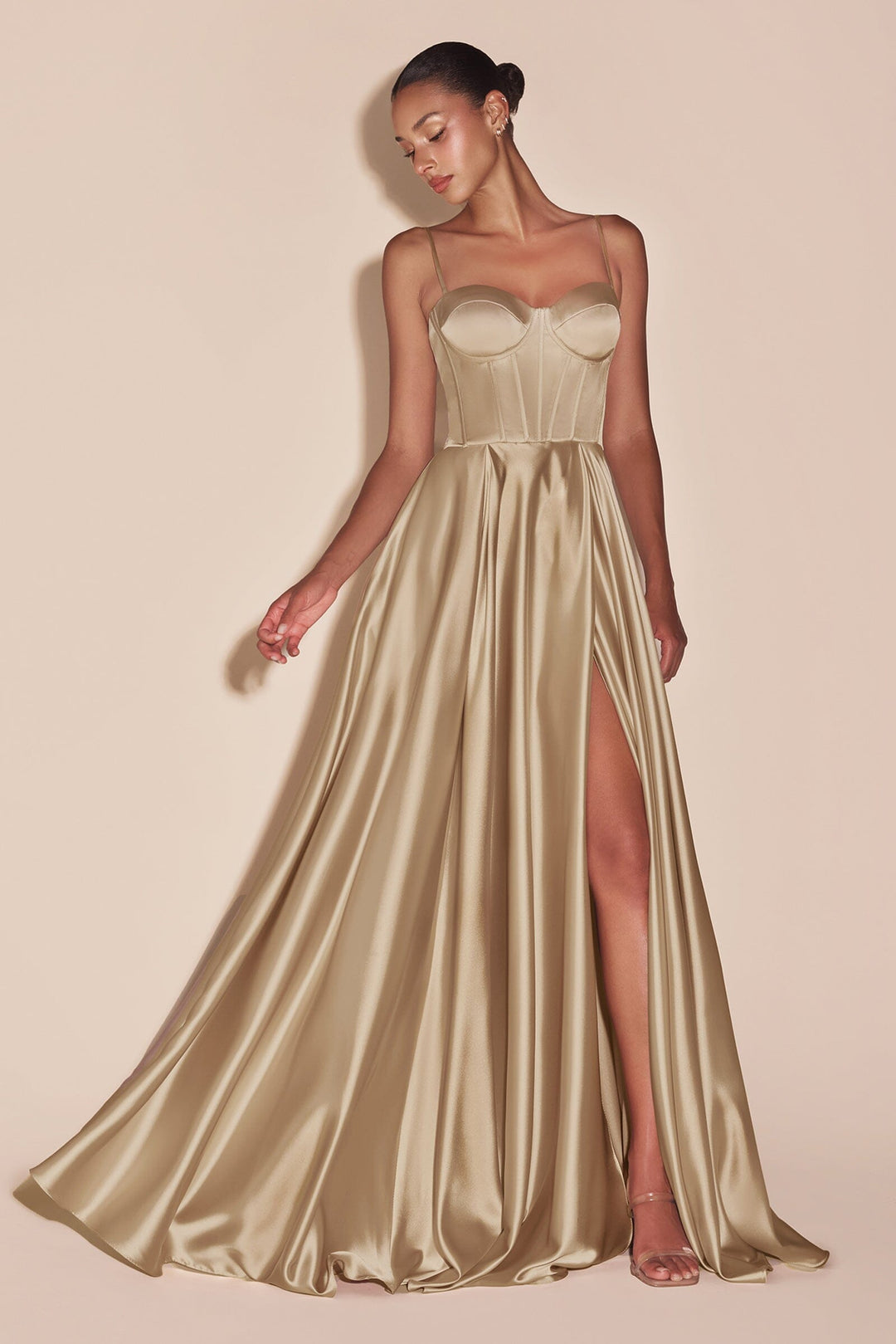 Satin Sleeveless Corset A-line Slit Gown by Ladivine CD337