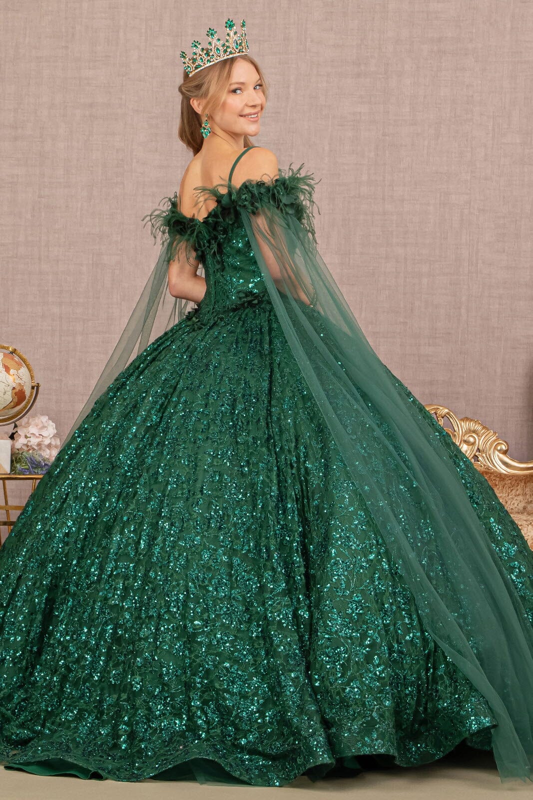 Sequin Cape Sleeve Feather Ball Gown by Elizabeth K GL3169 - product image 2