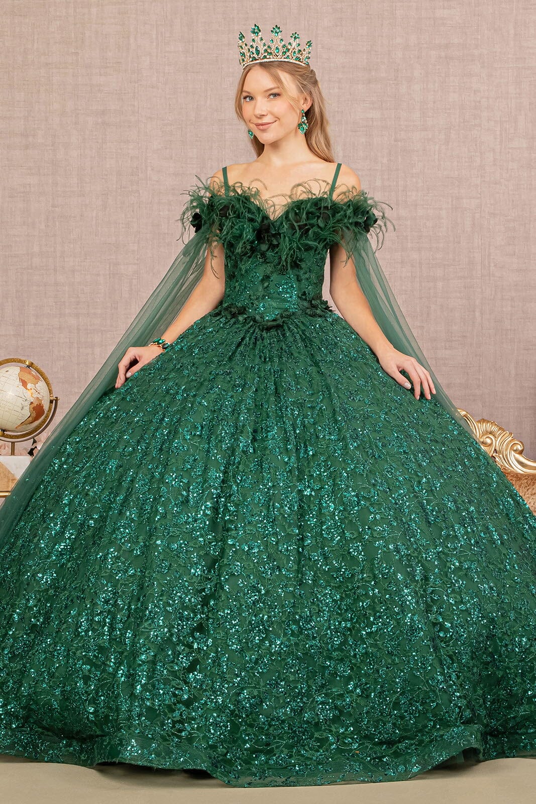 Sequin Cape Sleeve Feather Ball Gown by Elizabeth K GL3169 - product image 4