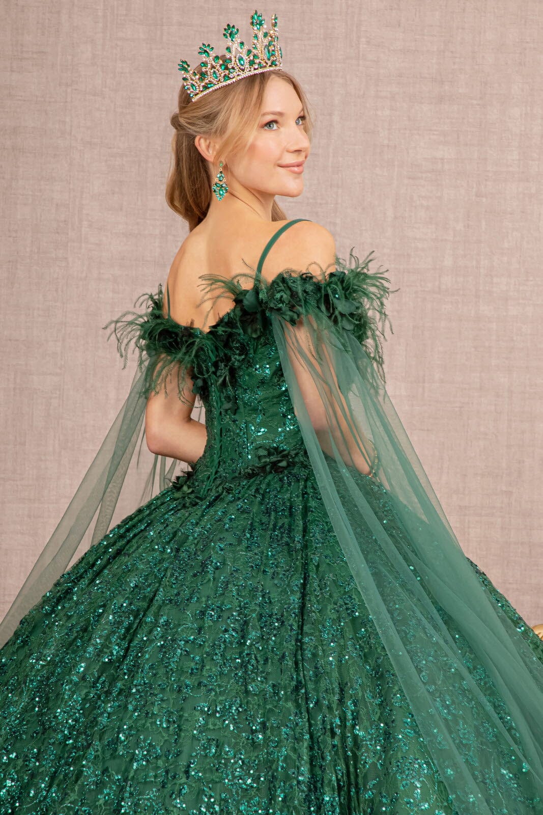 Sequin Cape Sleeve Feather Ball Gown by Elizabeth K GL3169 - product image 3