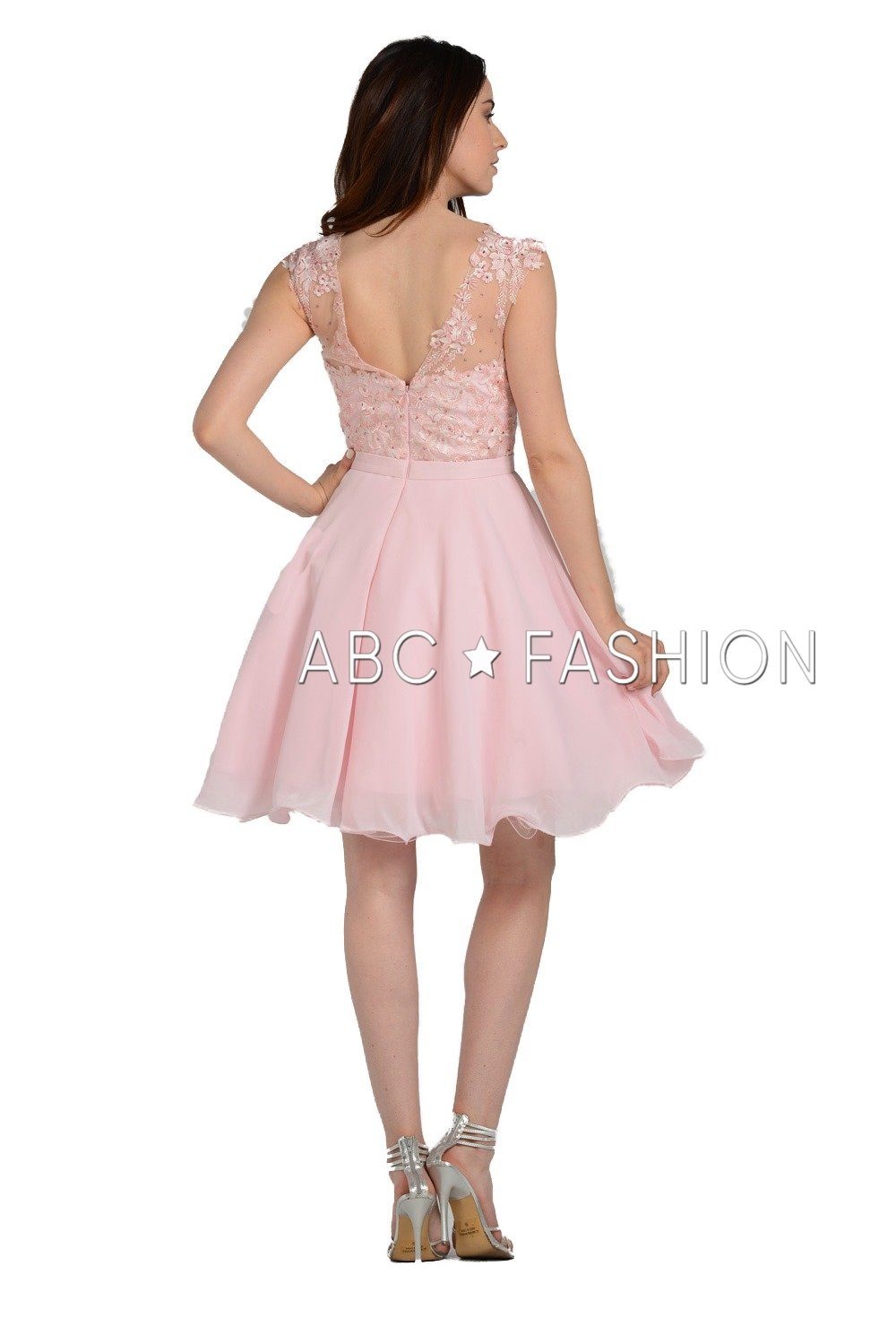 Short Chiffon Dress with Floral Lace Appliques by Poly USA 8094 - product image 4