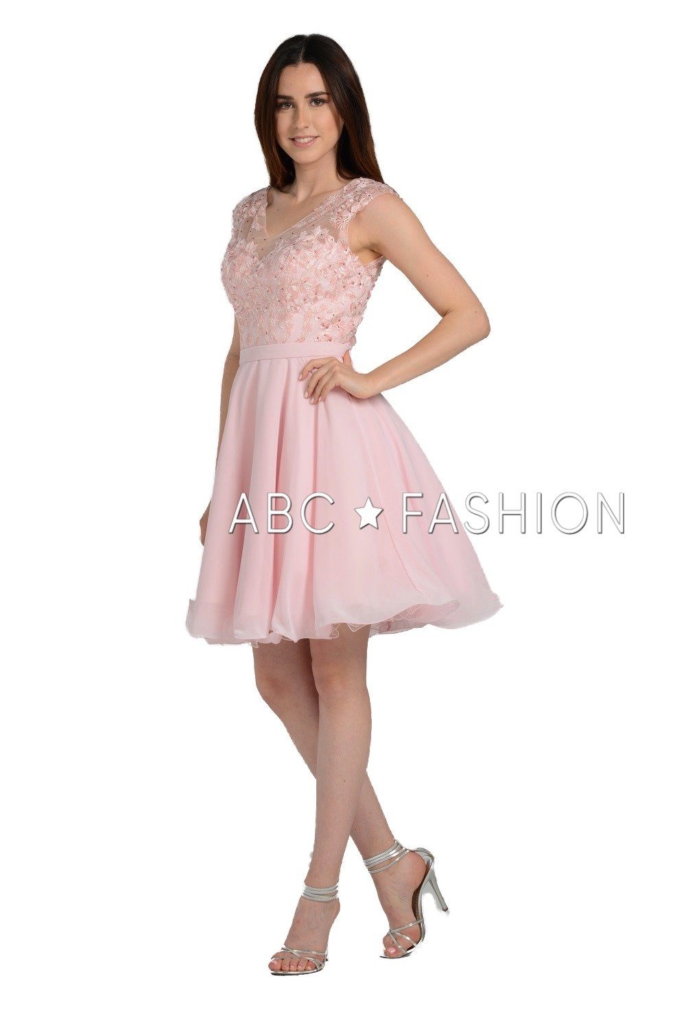 Short Chiffon Dress with Floral Lace Appliques by Poly USA 8094 - product image 3