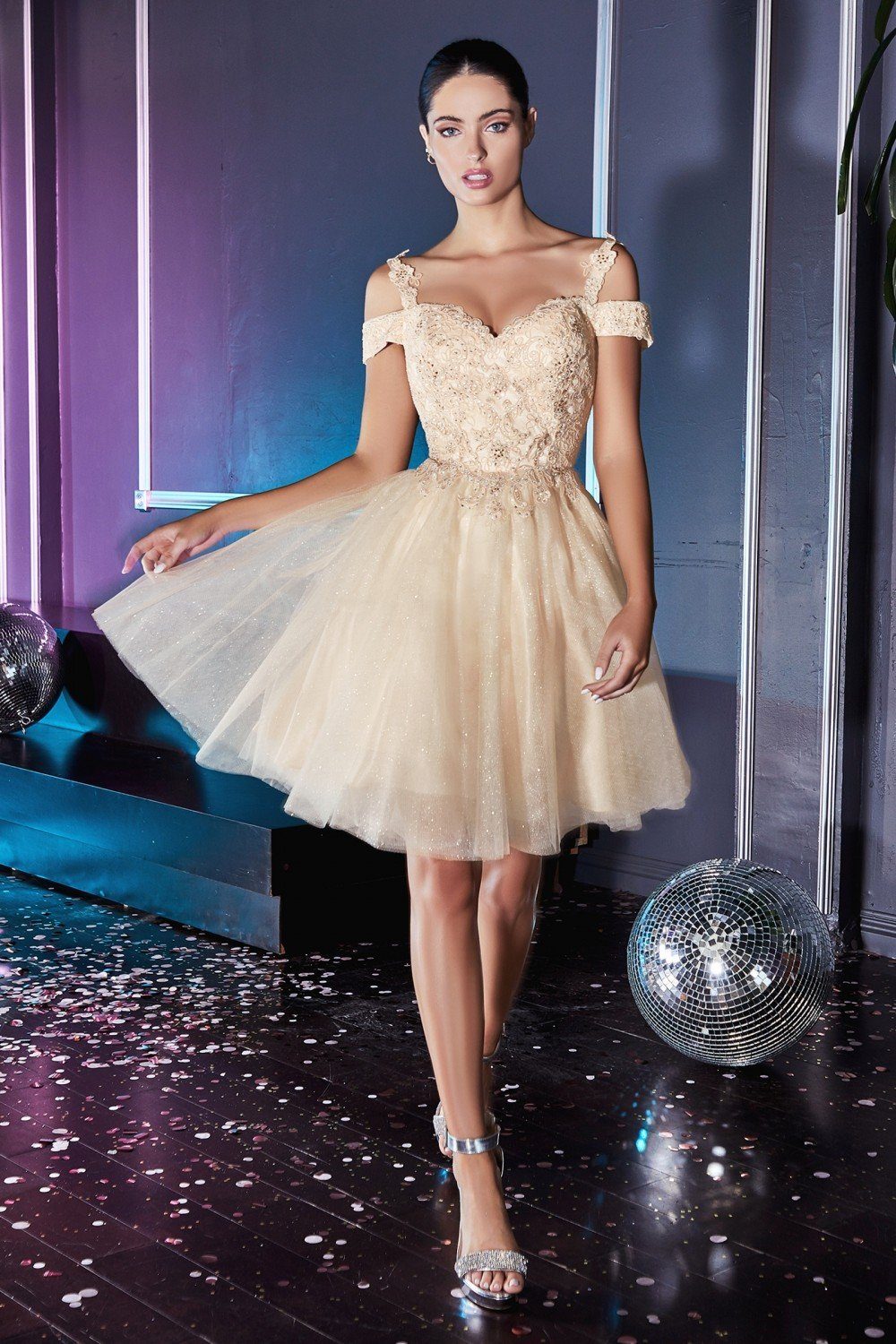Short Cold Shoulder Glitter Dress by Cinderella Divine CD0132 - product image 1