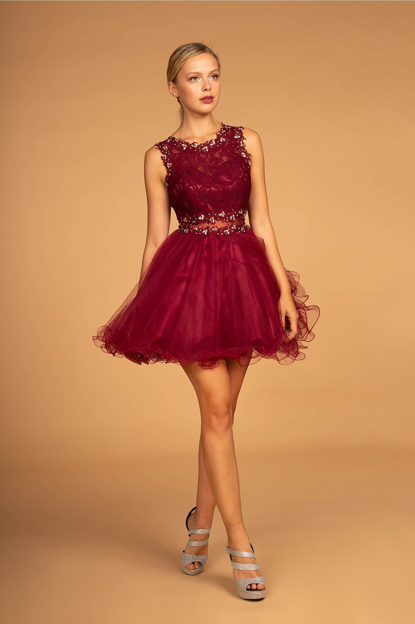 Short Dress with Lace Bodice and Sheer Waistline by Elizabeth K GS1427 - product image 1