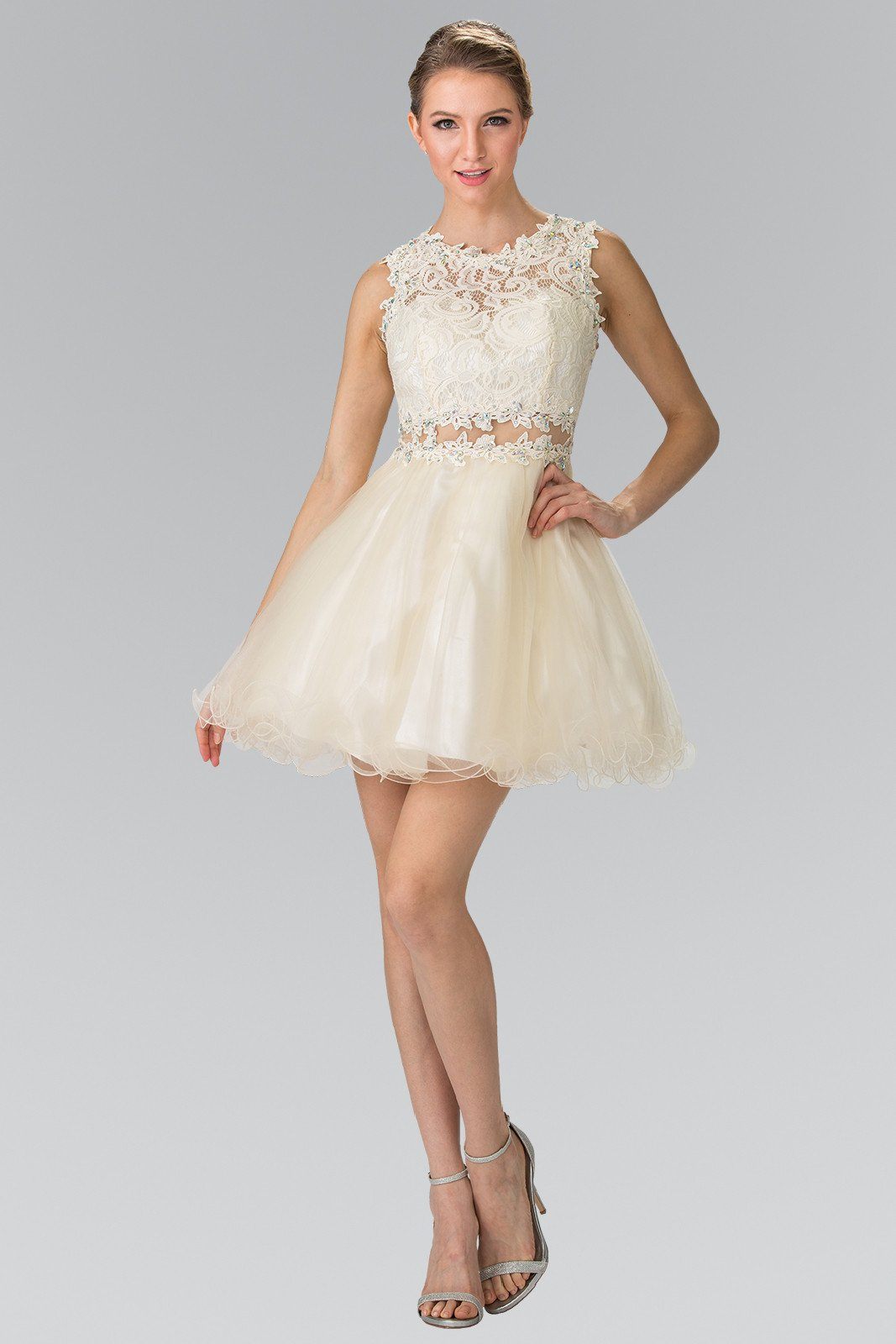Short Dress with Lace Bodice and Sheer Waistline by Elizabeth K GS1427 - product image 12