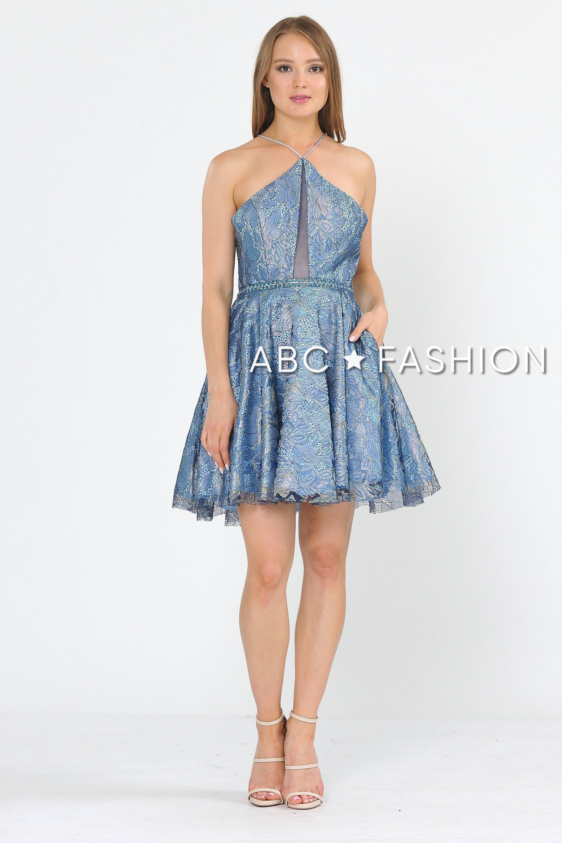 Short Floral Glitter Dress with Illusion Cutout by Poly USA 8506 - product image 4