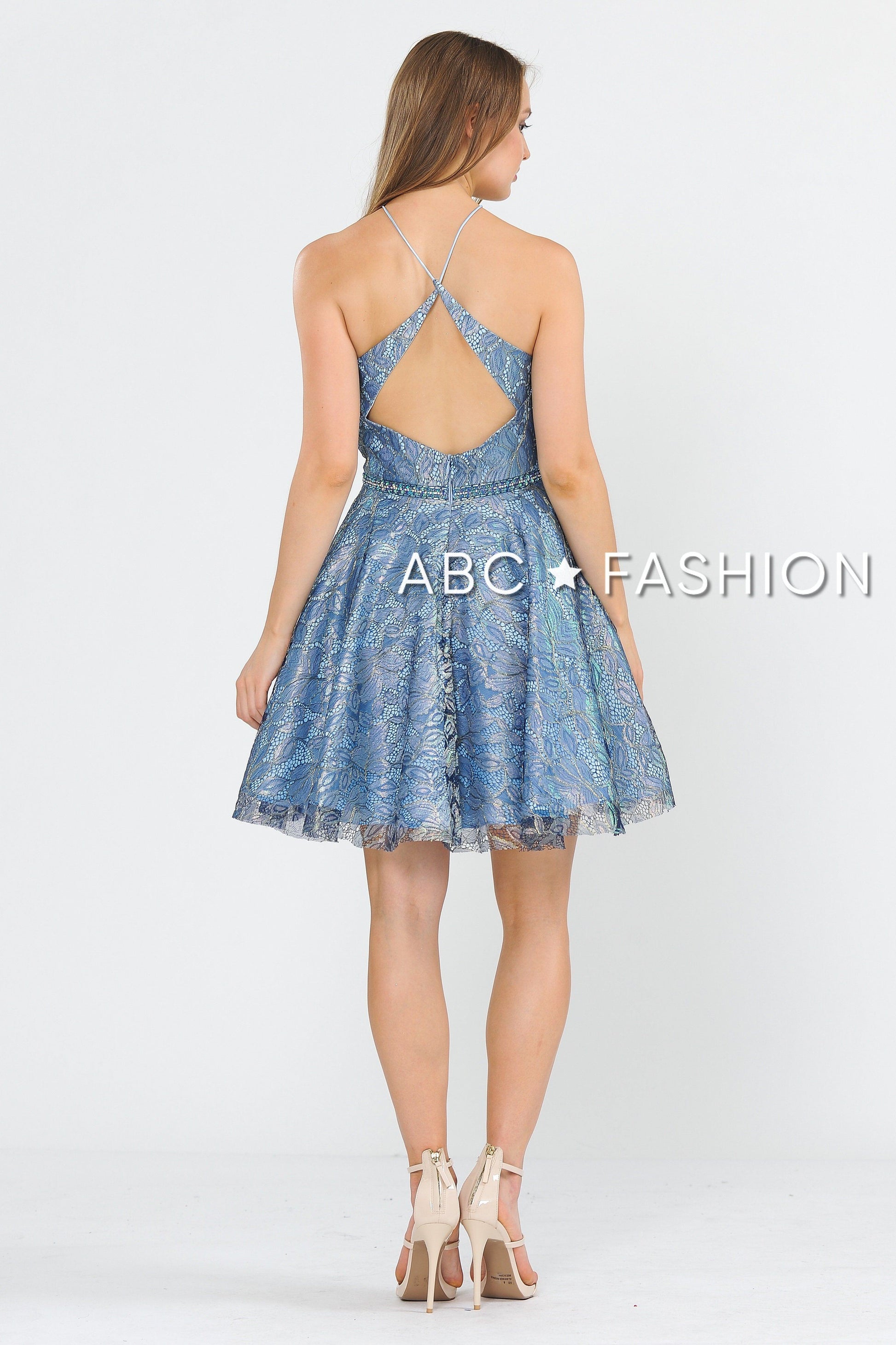 Short Floral Glitter Dress with Illusion Cutout by Poly USA 8506 - product image 2