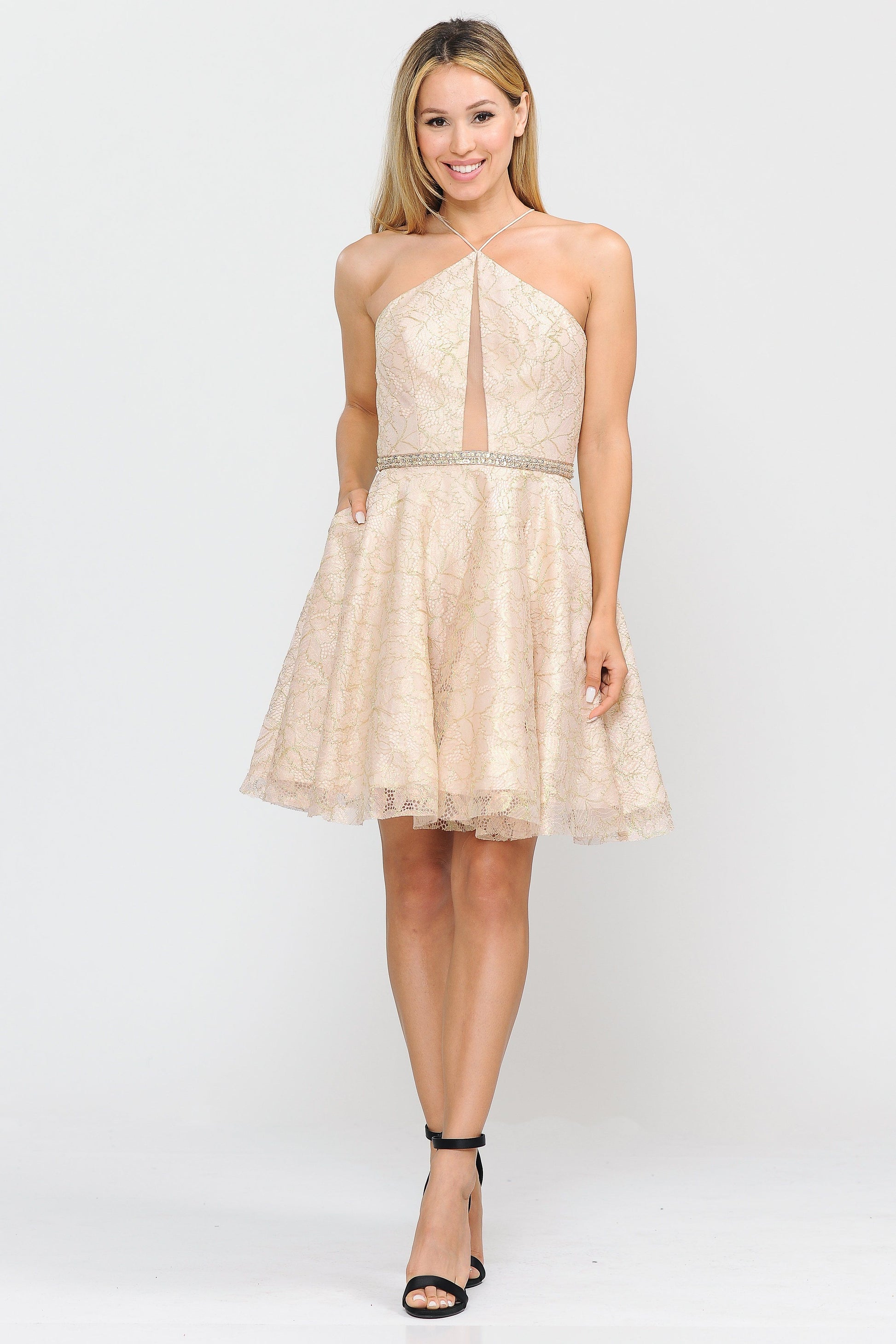 Short Floral Glitter Dress with Illusion Cutout by Poly USA 8506 - product image 7