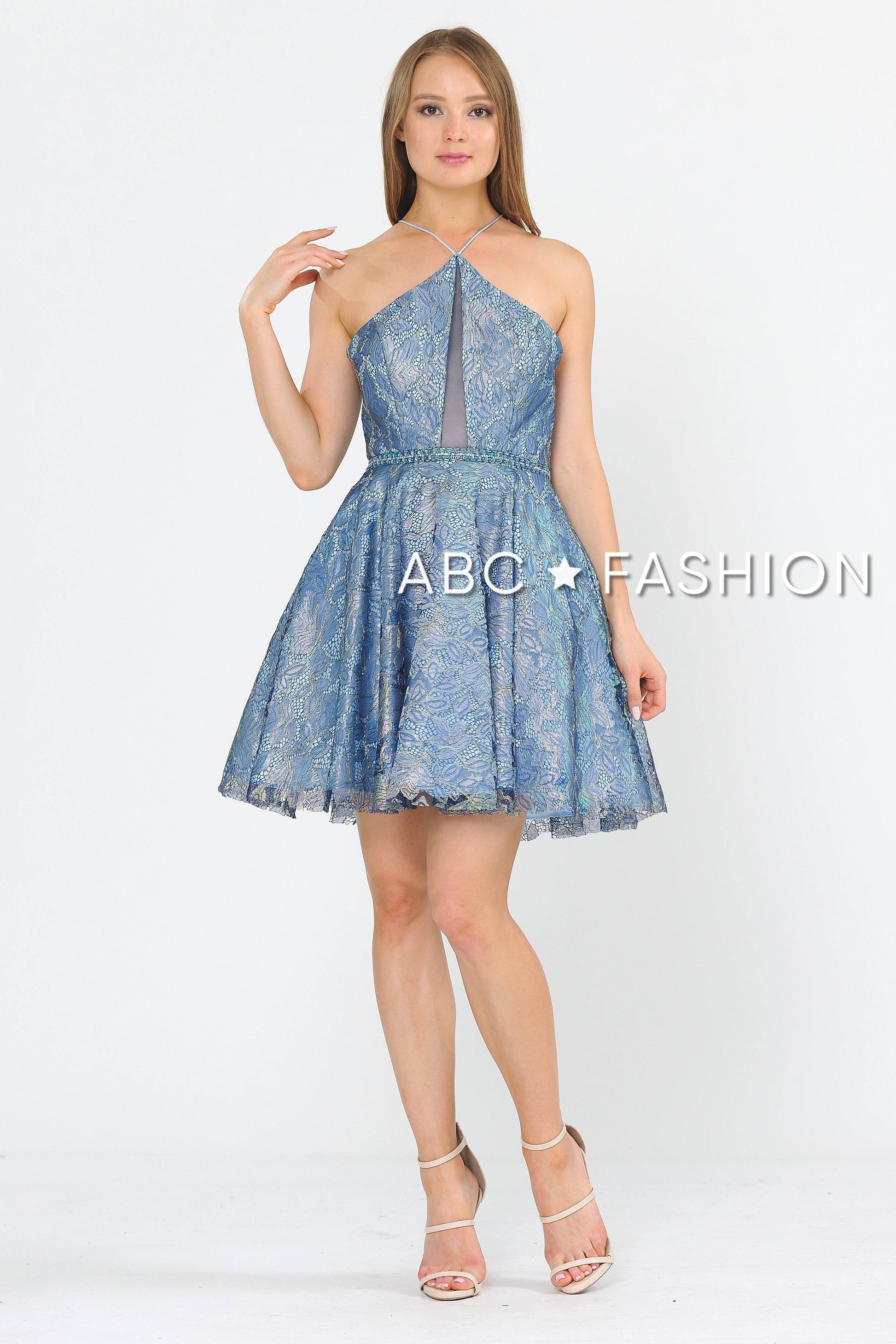 Short Floral Glitter Dress with Illusion Cutout by Poly USA 8506 - product image 1