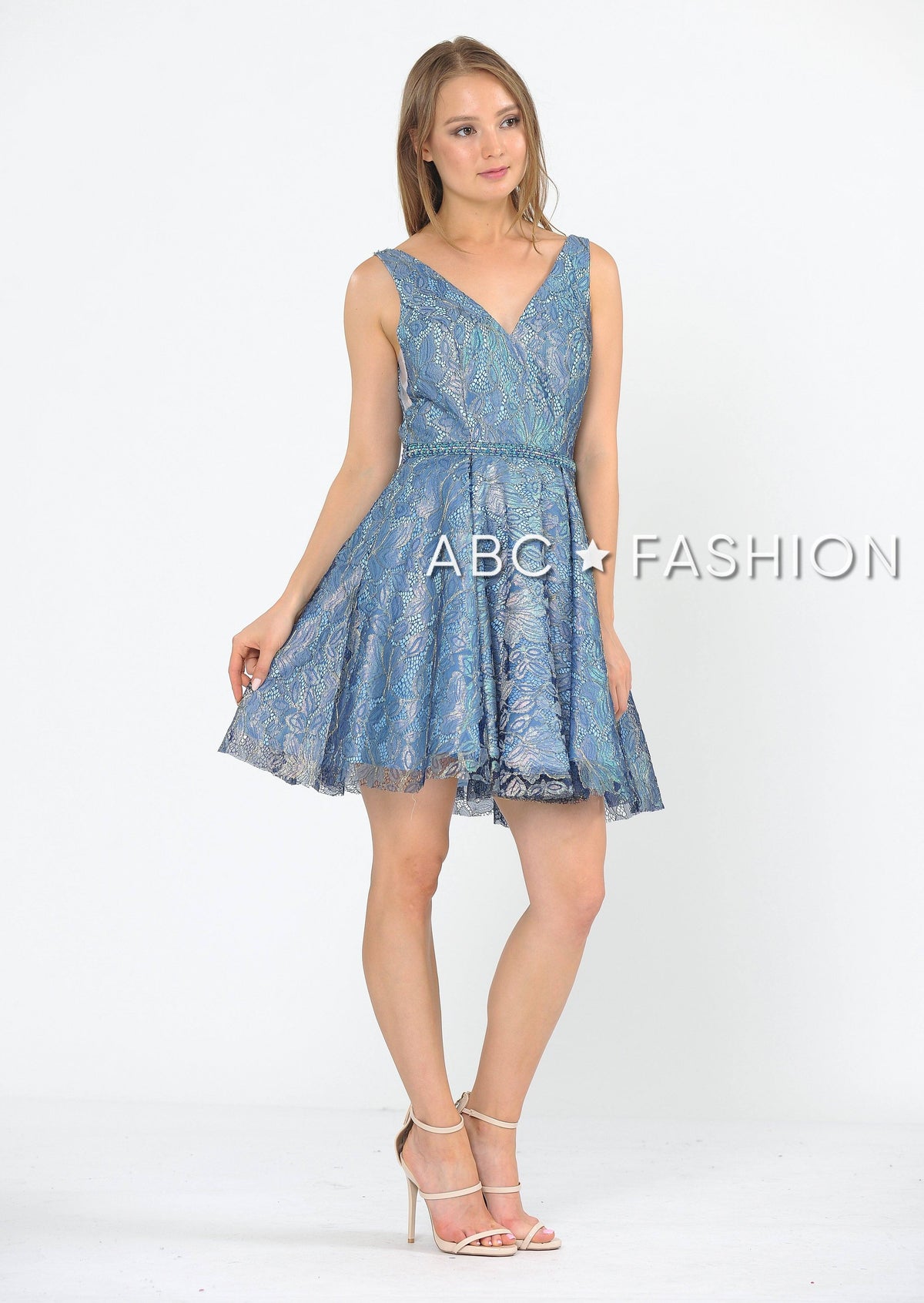 Short Glitter Print V-Neck Dress with Pockets by Poly USA 8504 - product image 4