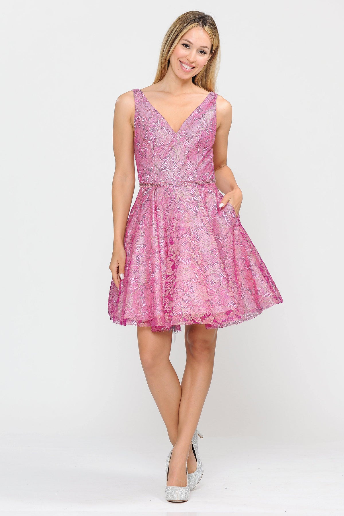 Short Glitter Print V-Neck Dress with Pockets by Poly USA 8504