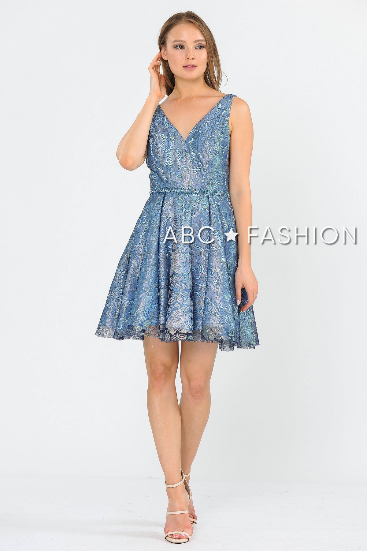 Short Glitter Print V-Neck Dress with Pockets by Poly USA 8504 - product image 1