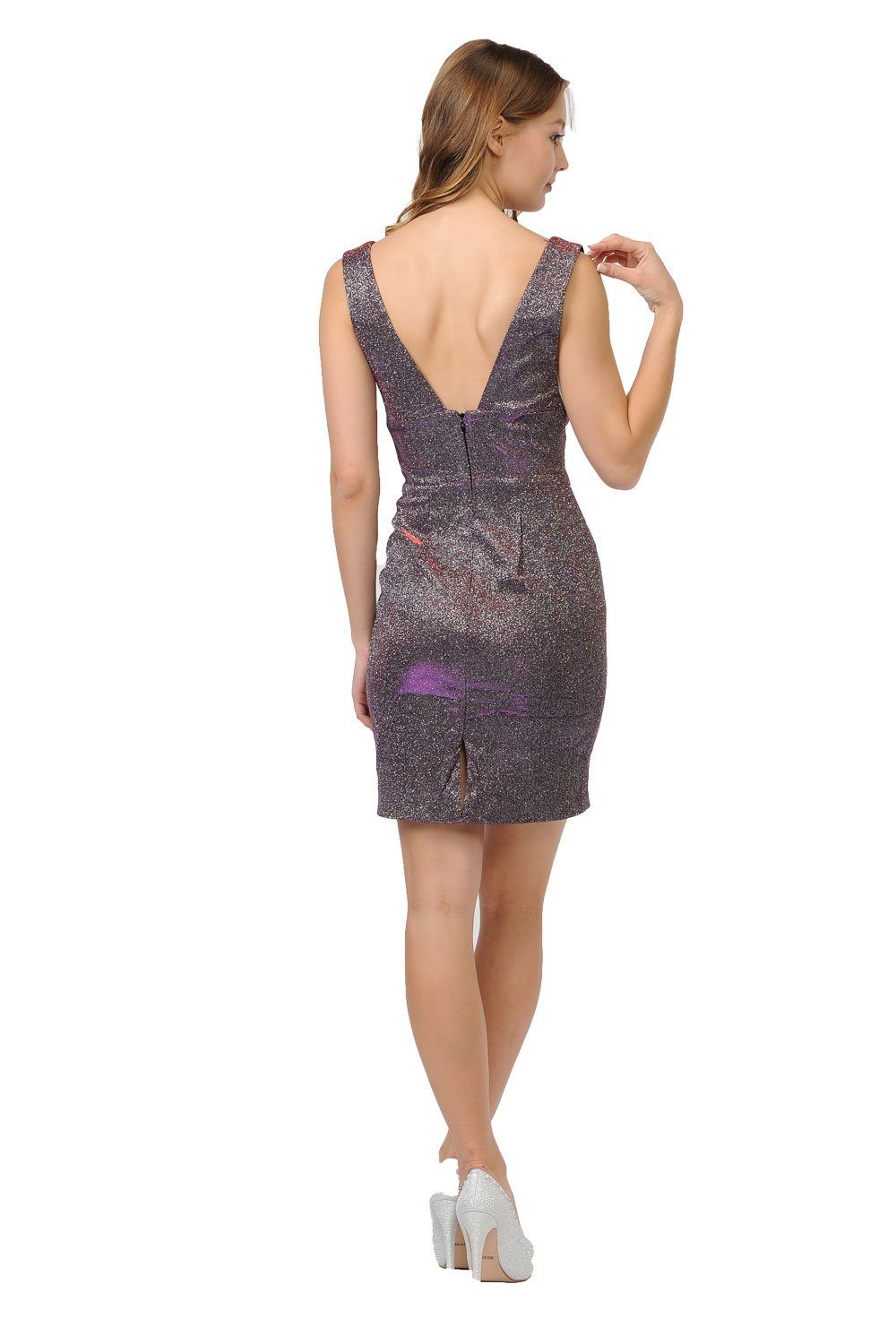 Short Glitter V-Neck Dress with Open Back by Poly USA 8212 - product image 2