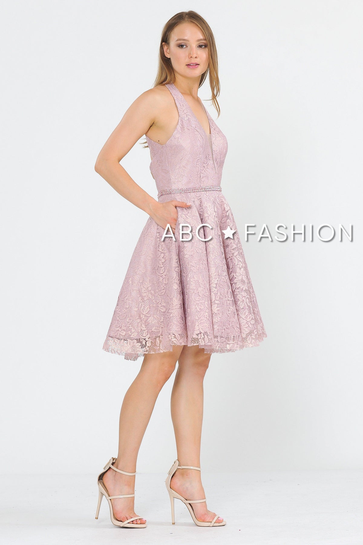 Short Halter Lace Dress with Open Back by Poly USA 8428 - product image 3
