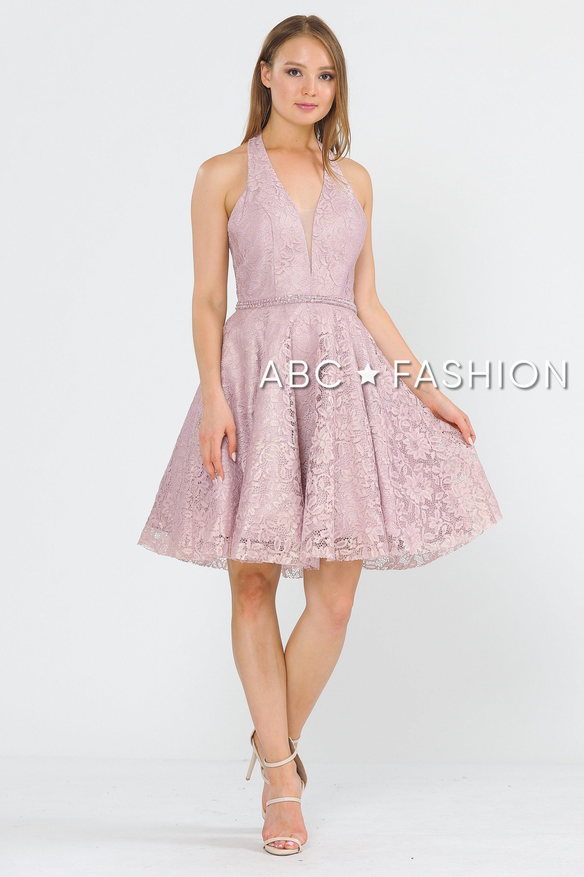 Short Halter Lace Dress with Open Back by Poly USA 8428 - product image 1