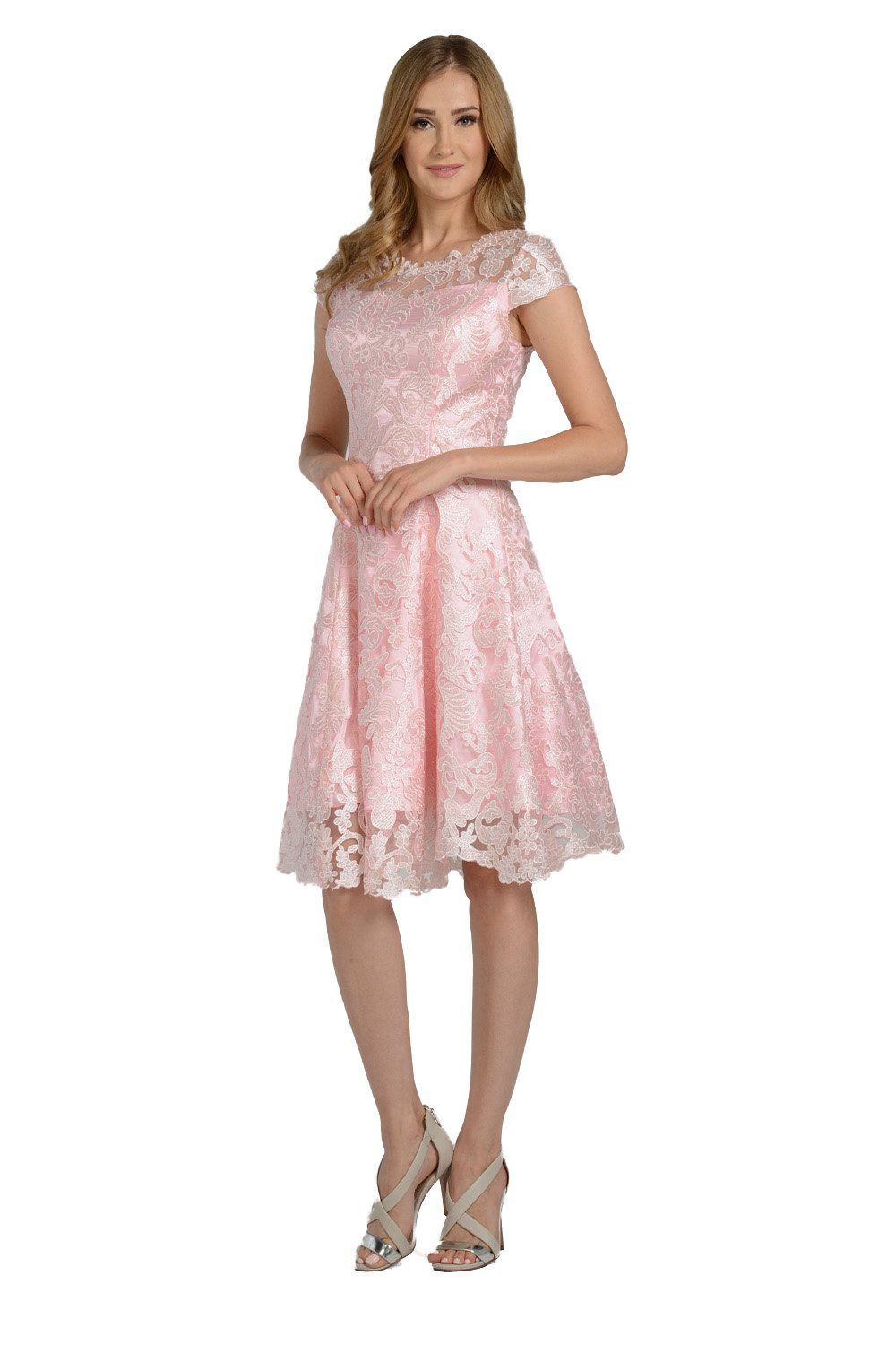 Short Knee Length Lace Dress with Short Sleeves by Poly USA 8090 - product image 1